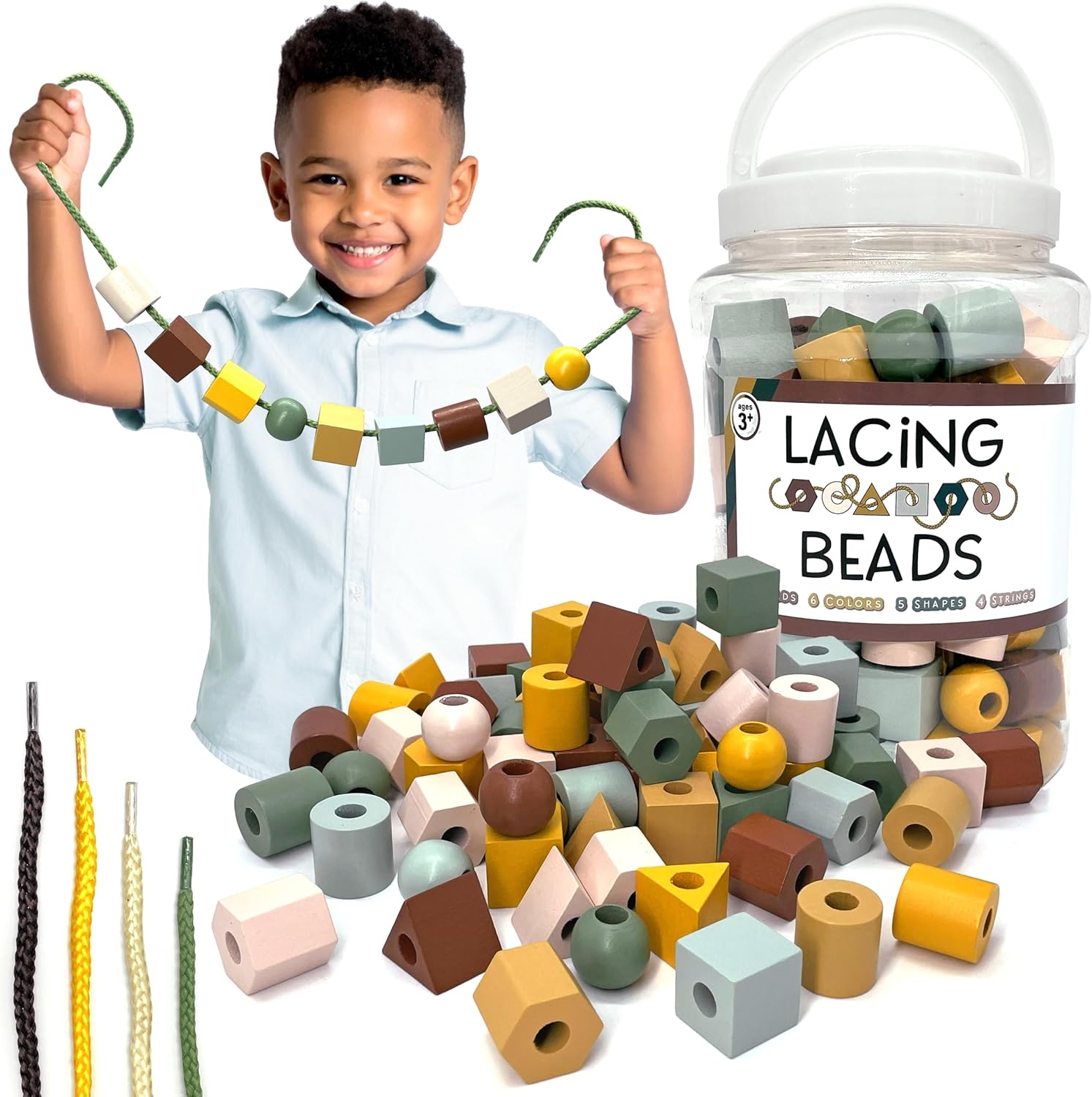 Wooden Lacing Beads & Strings 125 Pieces, Fine Motor Skills Toys for 3 Year Old, Boho Colors