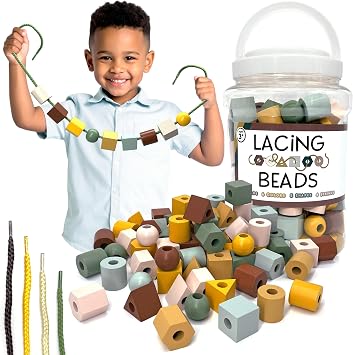 Blu Jay Wooden Lacing Beads & Strings 125 Pieces, Fine Motor Skills Toys for 3 Year Old, Fine Motor Toys, Toy Lacing Beads for Toddlers - Boho Colors