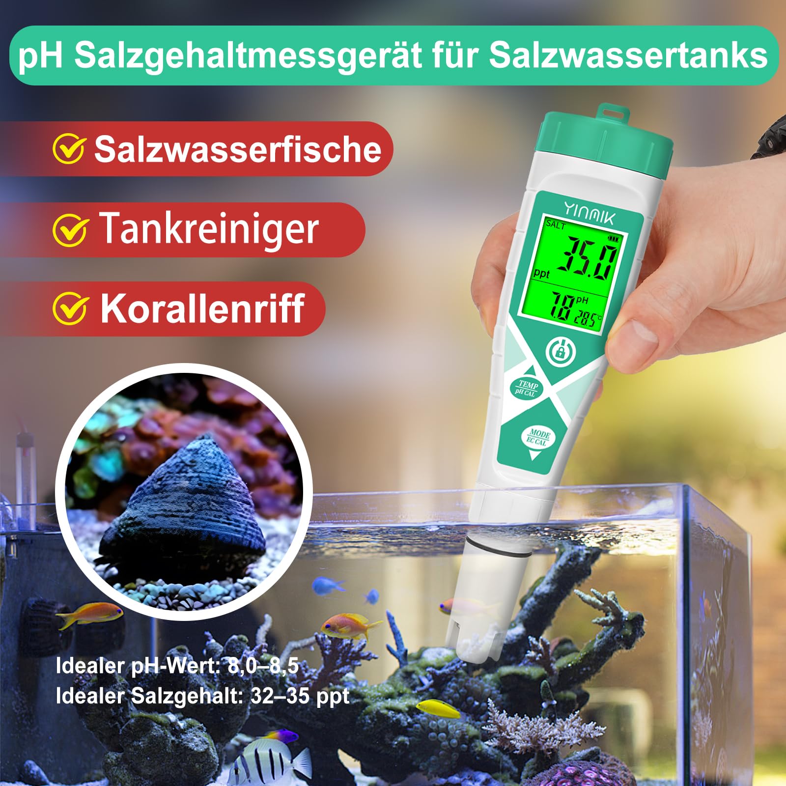 Meer Aquarium Salz Tester, Wasser pH Messgerät, TDS EC Messgerät für Süßwasseraquarien, Digitales Leitfähigkeits Messgerät, pH TDS für Koiteiche, Riffaquarien, Aquaponik PPM pH EC Salzgehalt Lesegerät