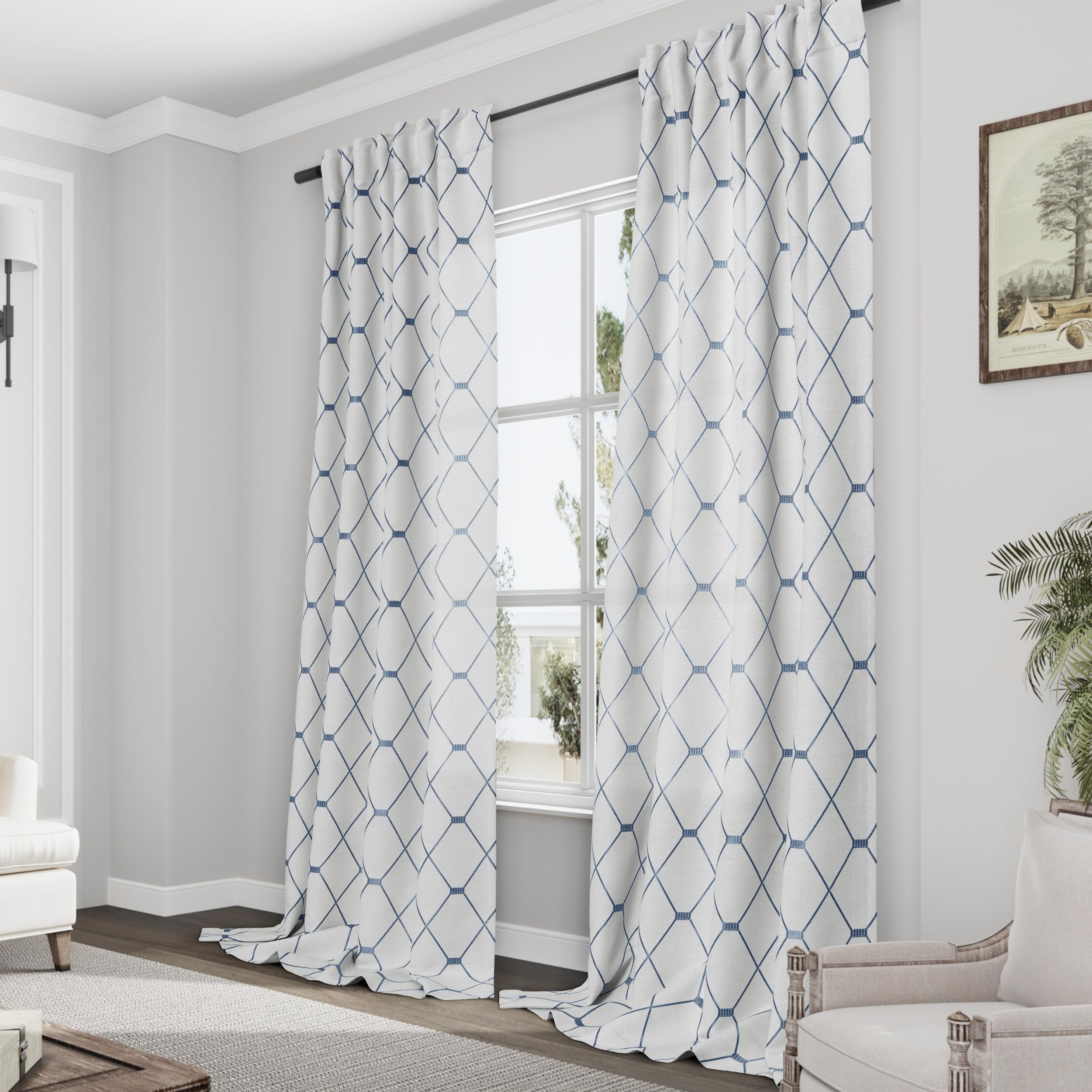 Nanspring Cortinas blancas crema de 259 cm de largo, juego de 2 paneles para sala de estar, pestaña trasera, patrón geométrico azul bordado, lino neutro, texturizado, 50% cortinas opacas de 102