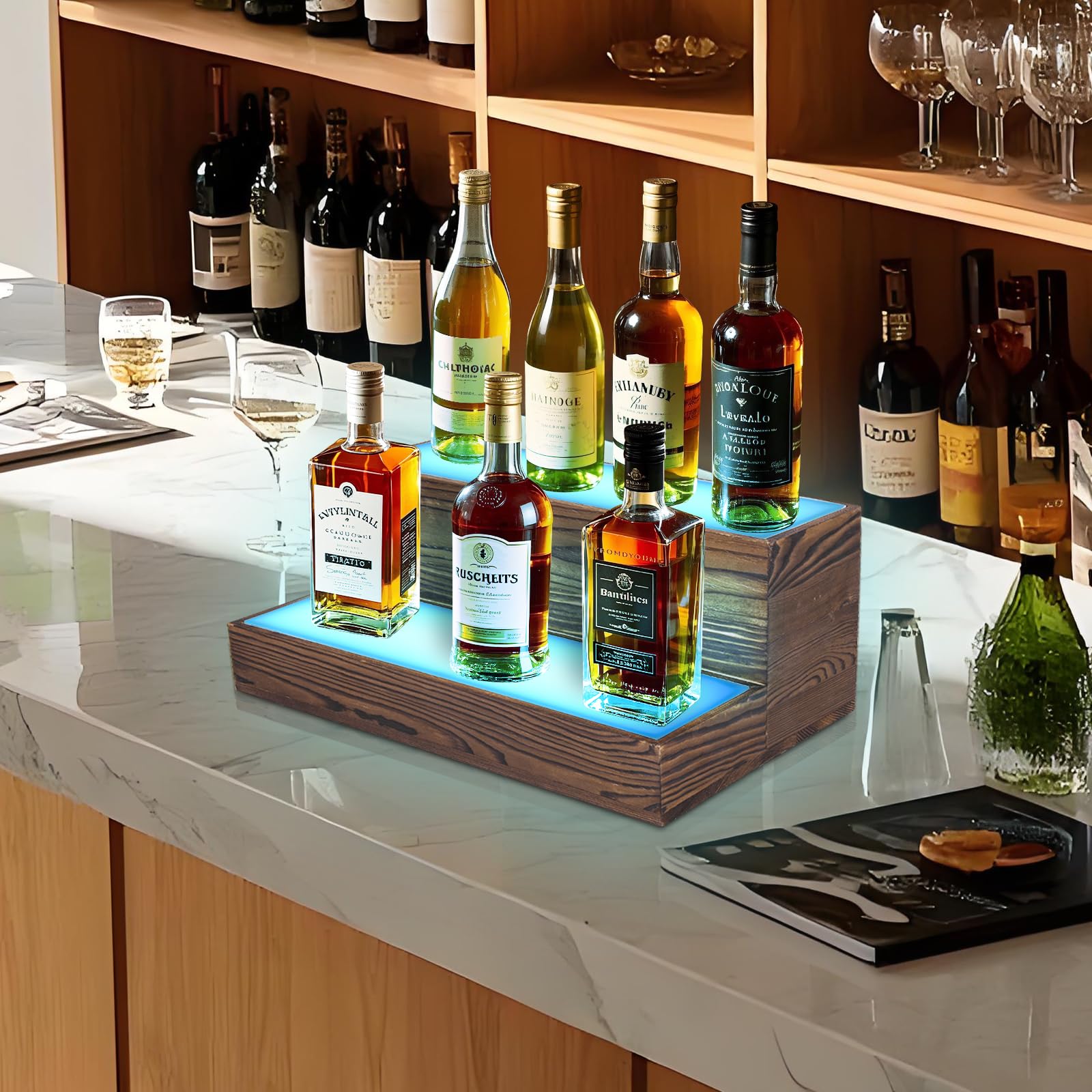Estante de vino con luz LED, estante de exhibición de botellas de licor montado en la pared, estante flotante de 2 niveles para el hogar, bar comercial
