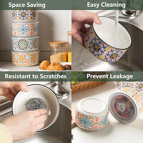 Miniatura 3 de Chubacoo Tazón de cerámica con tapa cuencos de sopa con tapas, aptos para microondas, cuencos de preparación de alimentos con tapas, juego de 4