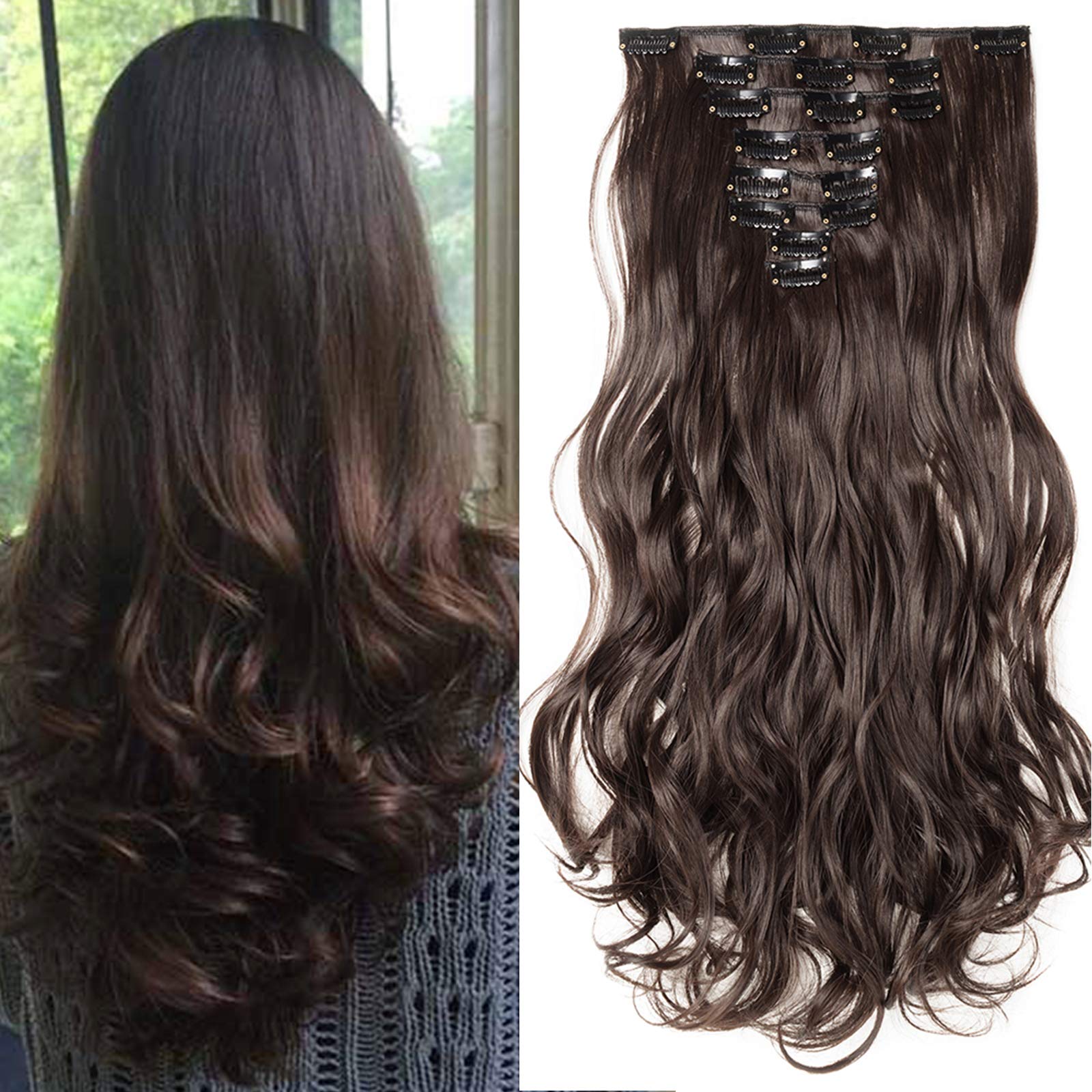 23"(58cm) SEGO Extensiones de Clip Pelo Sintético Se Ve Natural 8PCS [Arena Oscura mezcla Rubio Claro] Cabello Liso Largo Postizos Pelucas para Mujer (140g) — view 14