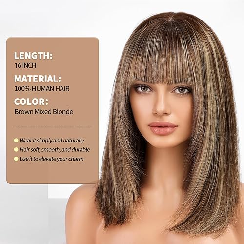 Miniatura 2 de KKU Pelucas de cabello humano rubio mezclado con castaño de 16 pulgadas para mujer, peluca de cabello lacio en capas con flequillo, usa realismo