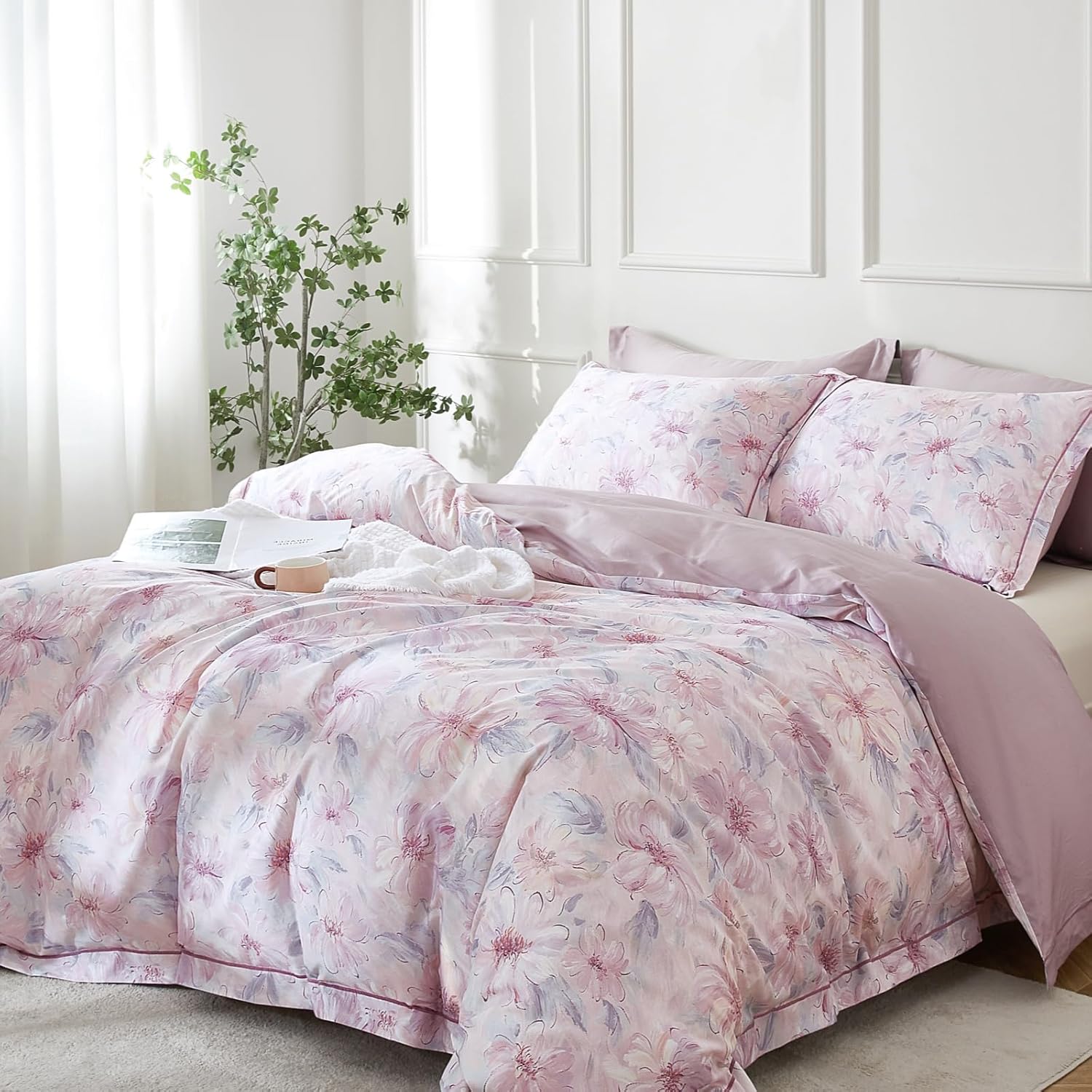 OAITE Queen Duvet Cover Set 3pcs 100% Cotton 600 Thread Count Floral image 2