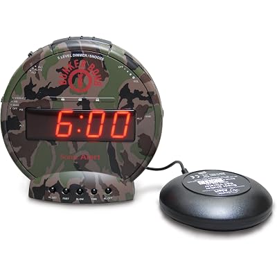 Sonic Bomb Dual Alarm Clock with Bed Shaker, Camouflage | Sonic Alert Vibrating Alarm Clock Heavy Sleepers, Battery Backup | Wake with a Shake