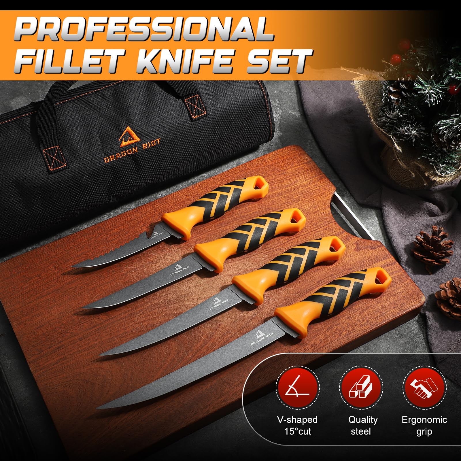 DRAGON RIOT Set Coltelli per Sfilettare Pesce Acciaio Inox | Set Coltelli da Disosso Cucina e Outdoor con Lama Flessibile, Impugnatura Antiscivolo, Coltello Sfilettare Pesce
