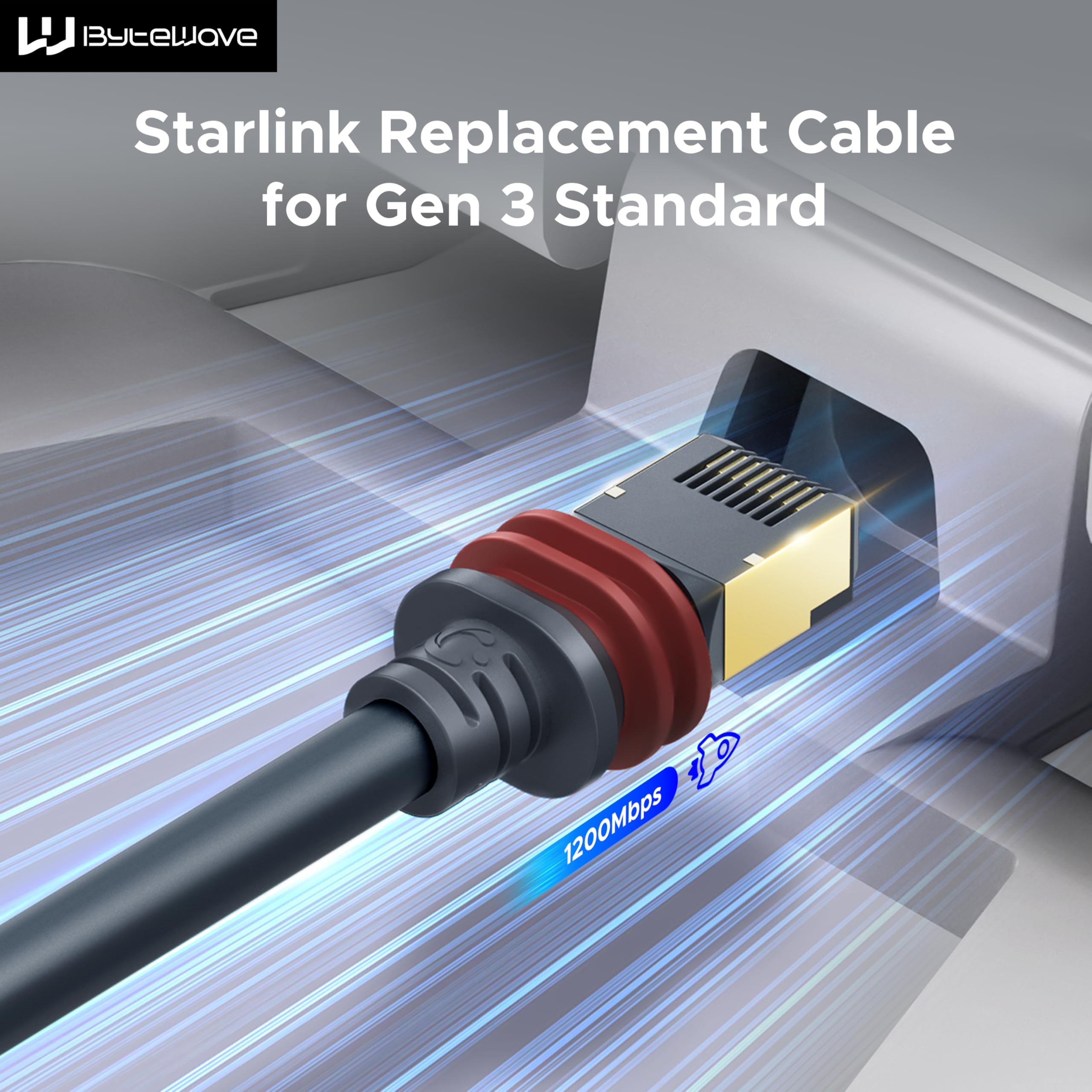 ByteWave Starlink Gen 3 Cable 37FT/11M, Starlink Cat 5e Ethernet Replacement Extension Cable [Special Plug Design, High-Speed Transmission] Starlink Mini/Gen 3 Accessories Waterproof (Gray)