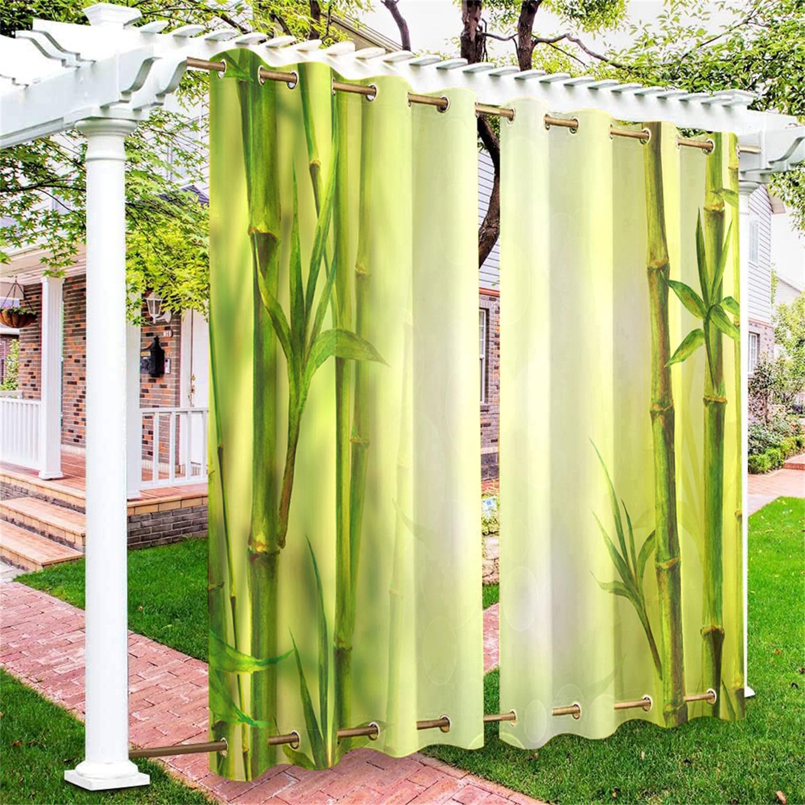 Hiseng Outdoor Vorhänge Wetterfest mit Ösen Oben und Unten, 3D Bambusblatt Muster wasserdichte Outdoorvorhänge 2 Set Verdunkelungsvorhang Sichtschutz Vorhang (Grün Bambus,137x243cm)