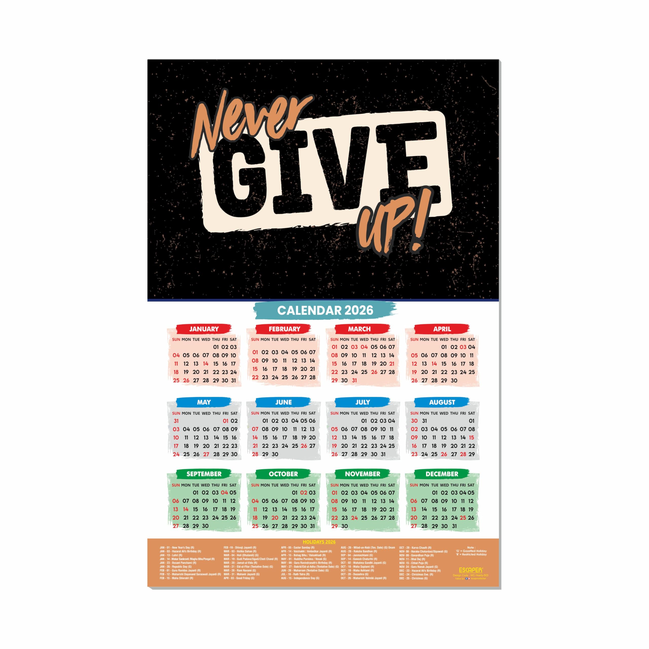 ESCAPER Calendario motivacional de pared de Año Nuevo 2026 - 45 x 30 cm, papel laminado de 300 g/m² con parte trasera autoadhesiva, calendario de citas inspiradoras para estudiantes, decoración del