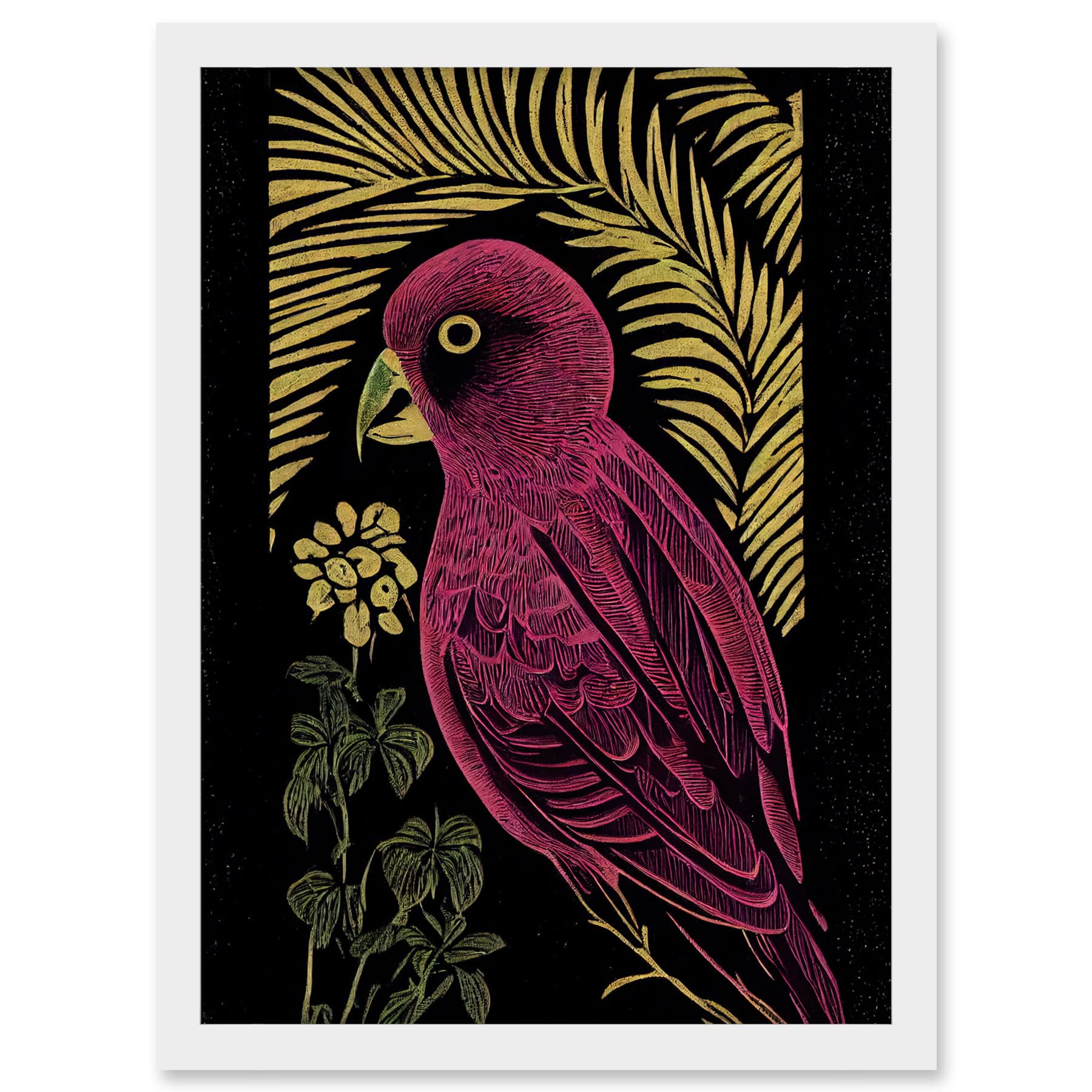 Wee Blue Coo Pink Parrot Bird Black Gold Tropical Plants Modern Vintage Linocut Illustration Artwork Framed A3 Wall Art Print