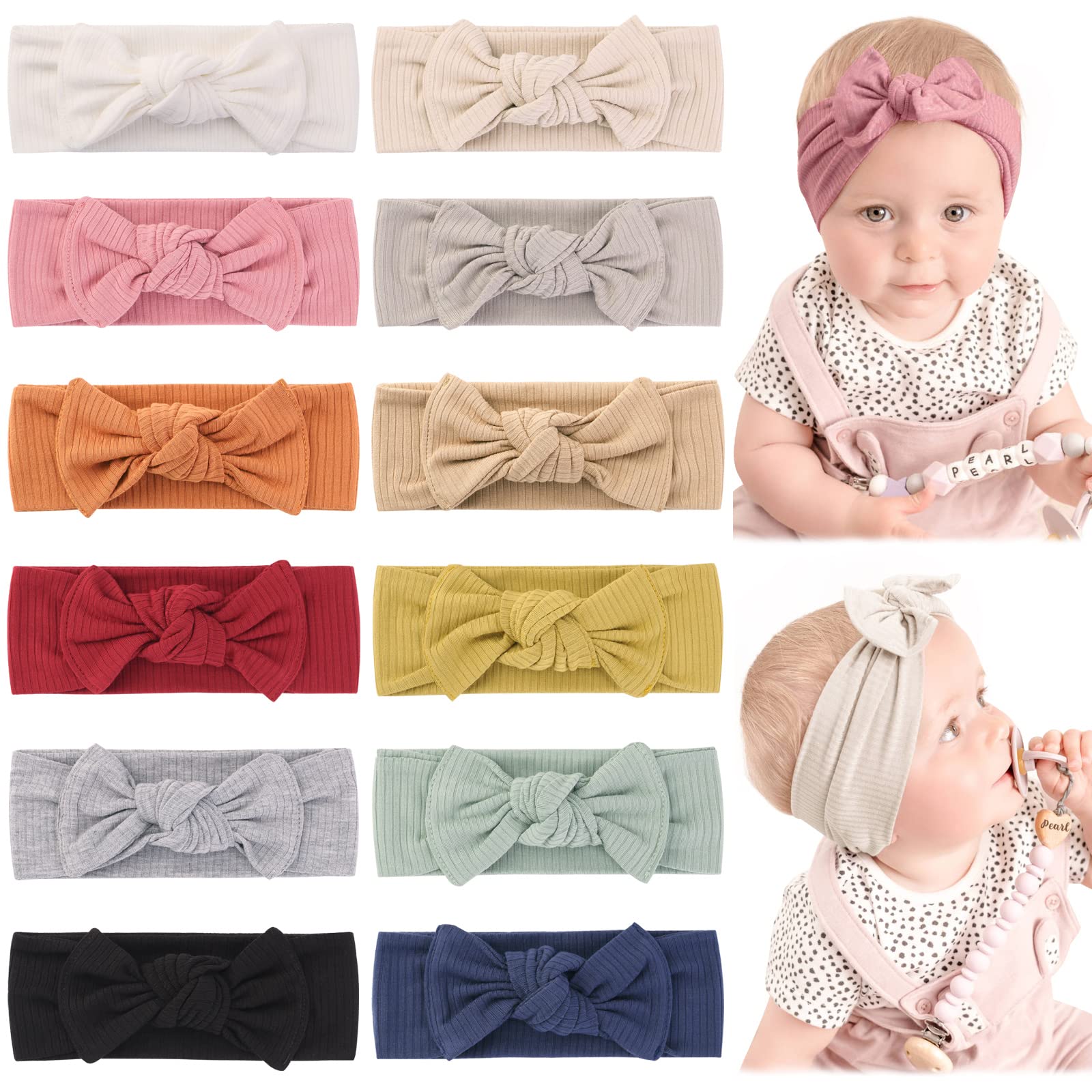 jollybows 12 pcs Baby Girl Headbands With Bows Ribbon Knit Head Wraps For Newborn Toddler Soft Nylon Infant Hair Accessories