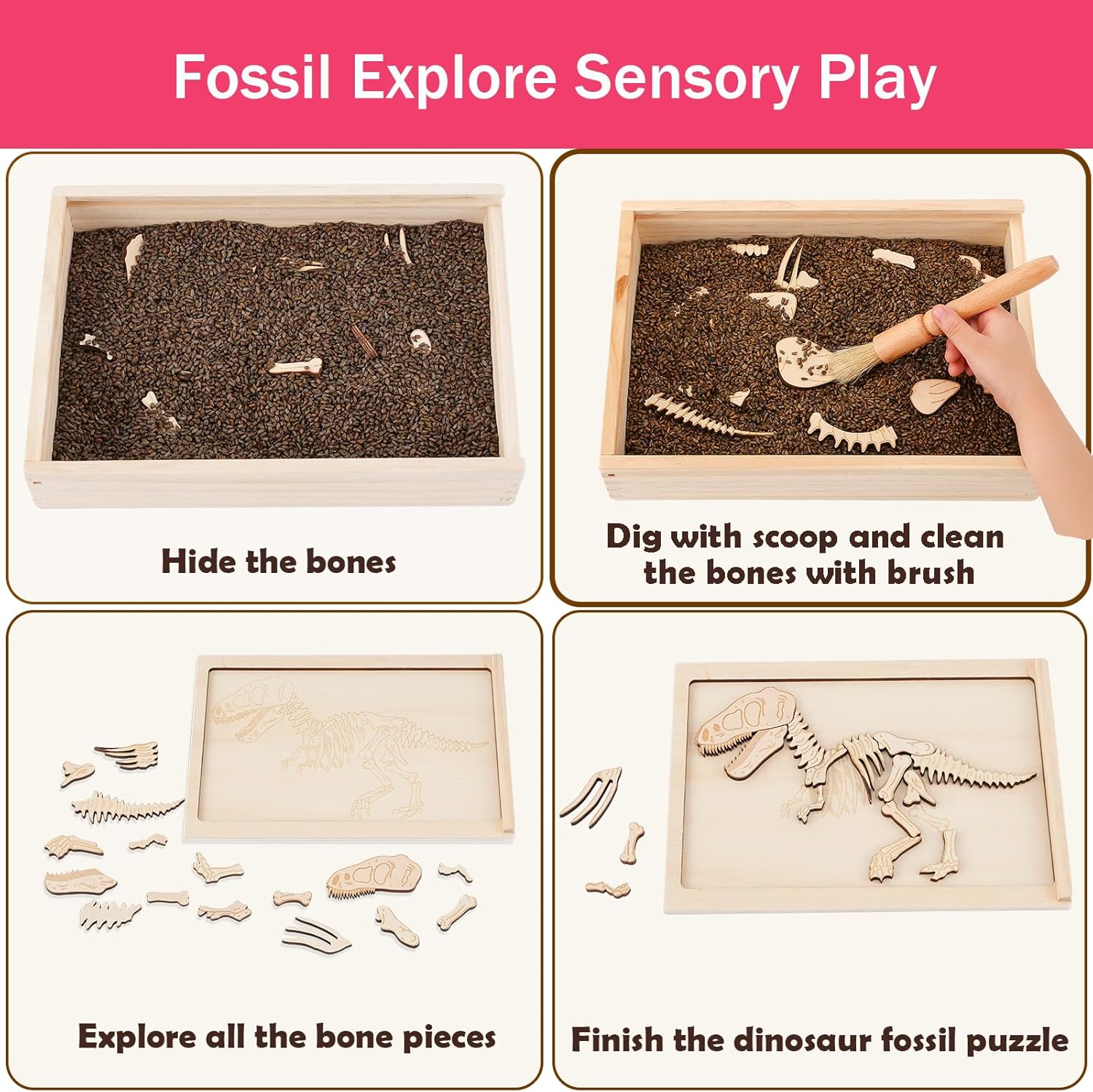 Dino Excavation Archaeology Dig Kit, Fossil Digging Kit for Kids, Dinosaur Skeletons Bones Puzzle Game with Wooden Storage Box, STEM Toys for Boys and Girls (Tyrannosaurus)