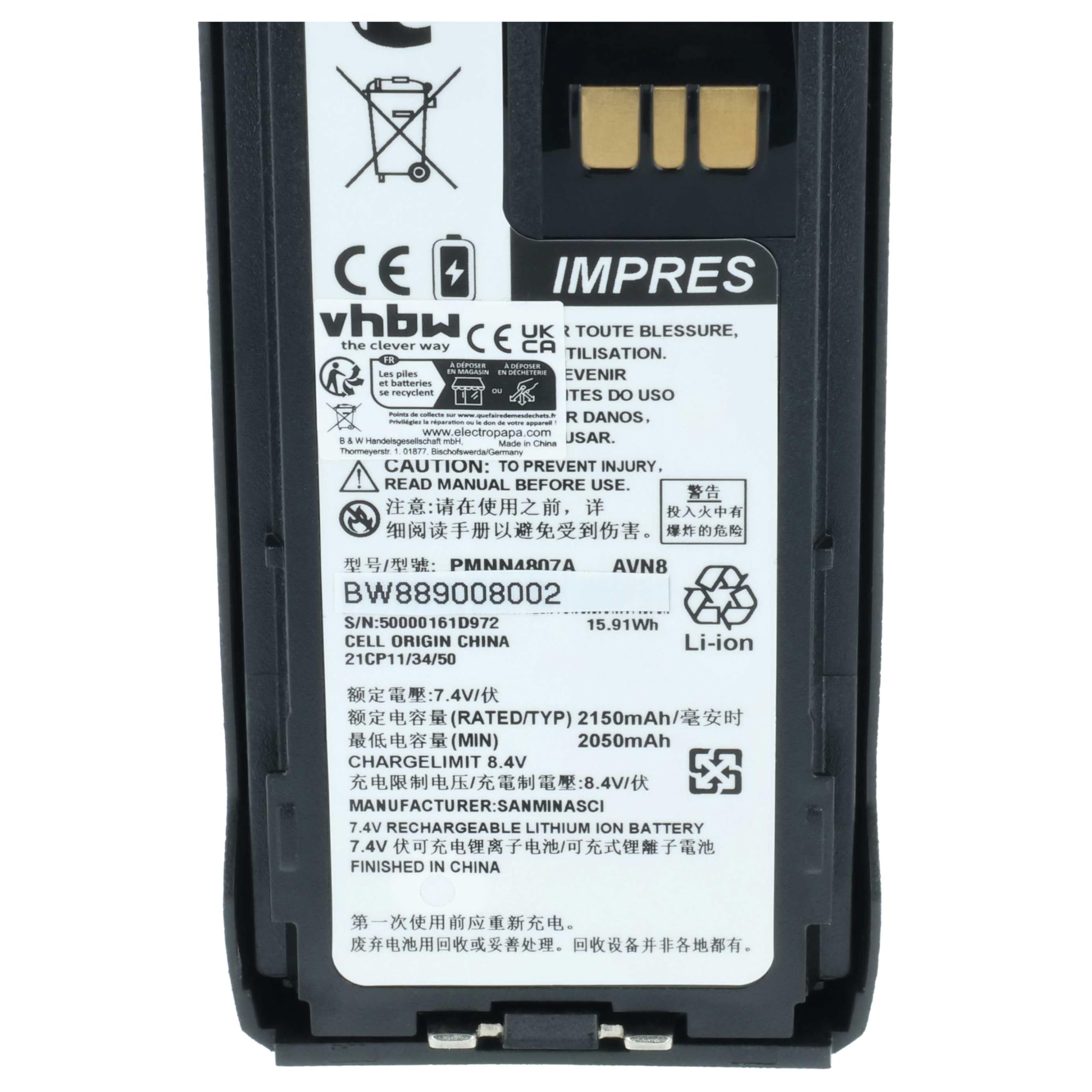 vhbw Akumulator kompatybilny z Motorola R7a, R7 krótkofalówka, Walkie Talkie (2150 mAh, 8,4 V, Li-Ion) + klips do paska