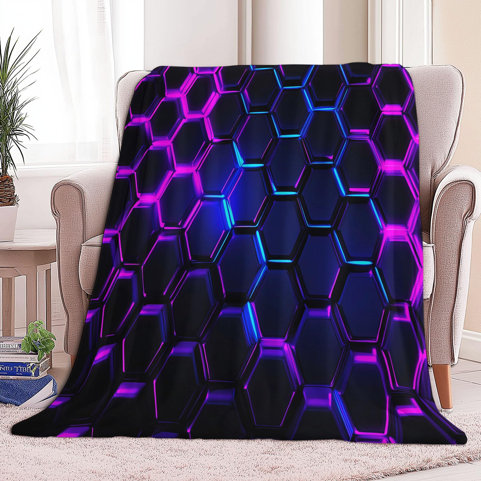 Przytulny koc 180 x 200 cm, geometryczny, sześciokątne, neonowe światło, flanela, przytulny koc, koc na kanapę, koc do przytulania, koc na 4 pory roku, narzuta na sofę, neonowy magenta