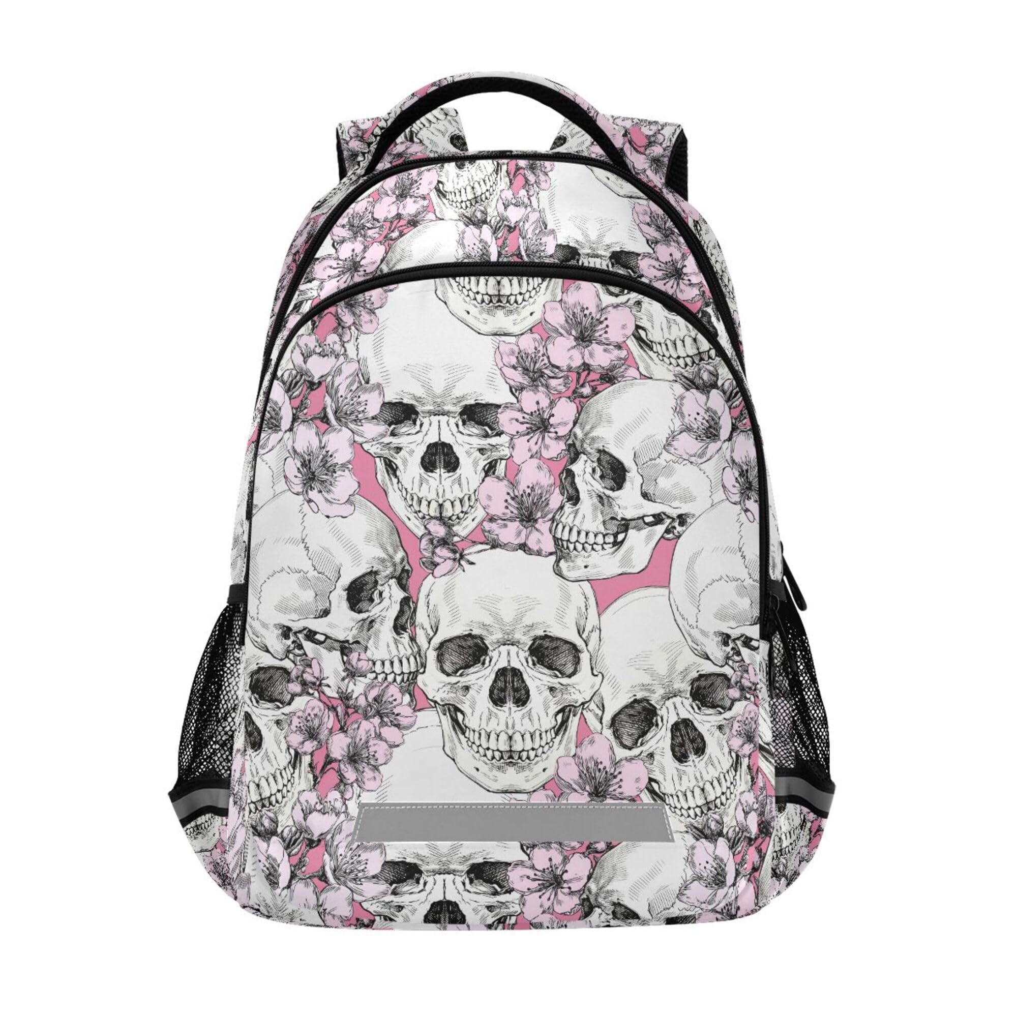 MNSRUU School Backpack with Chest Strap, Halloween Skull Flowers And Pink Cherries Laptop Backpack, Travel Hiking Backpack for Boys Girls, Rucksack,