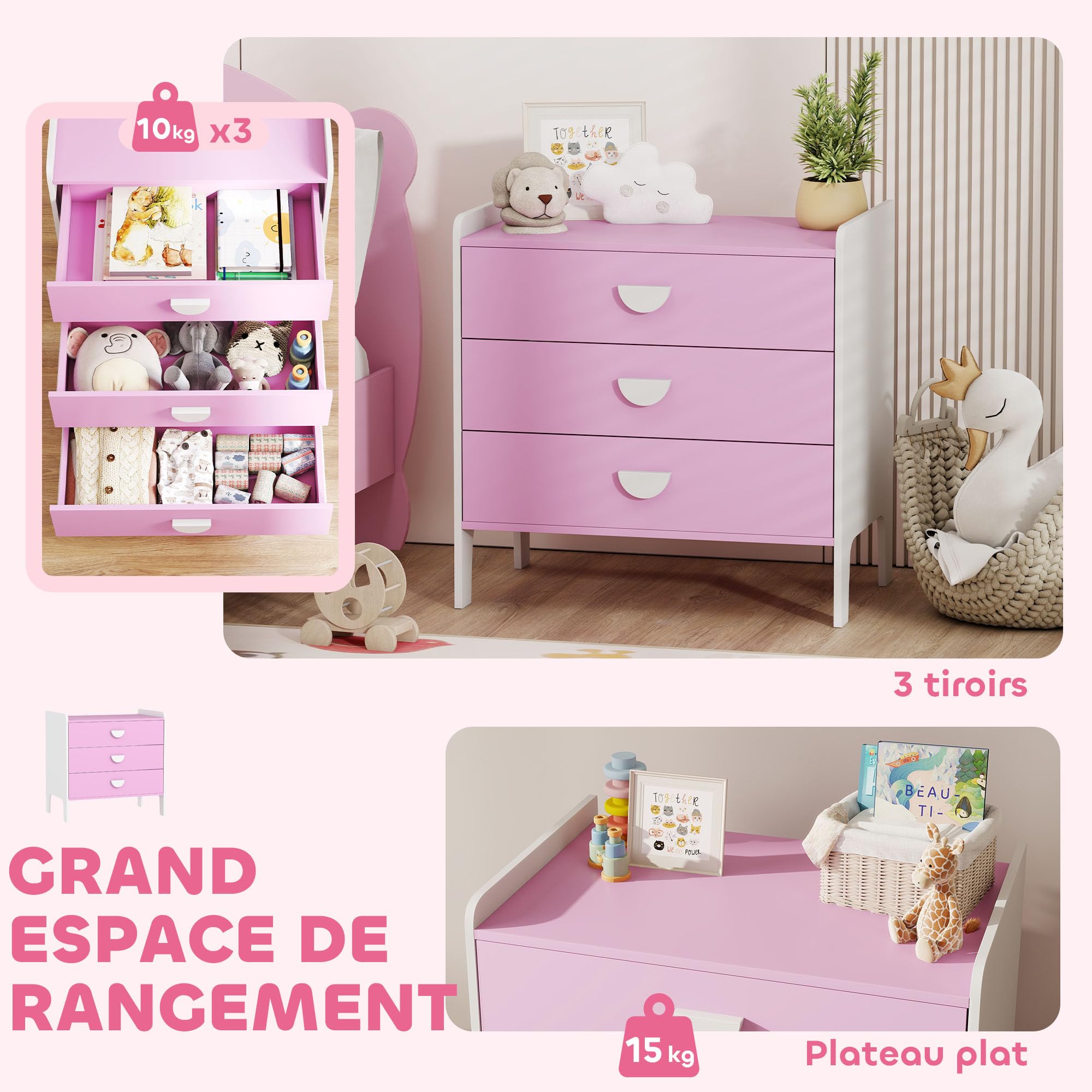 AIYAPLAY Kinderkommode, Aufbewahrungskommode mit 3 Schubladen, Aufbewahrungsmöbel Kinderzimmer, Kinderkrippe, Spielzimmer, 60 x 40 x 60 cm, rosa