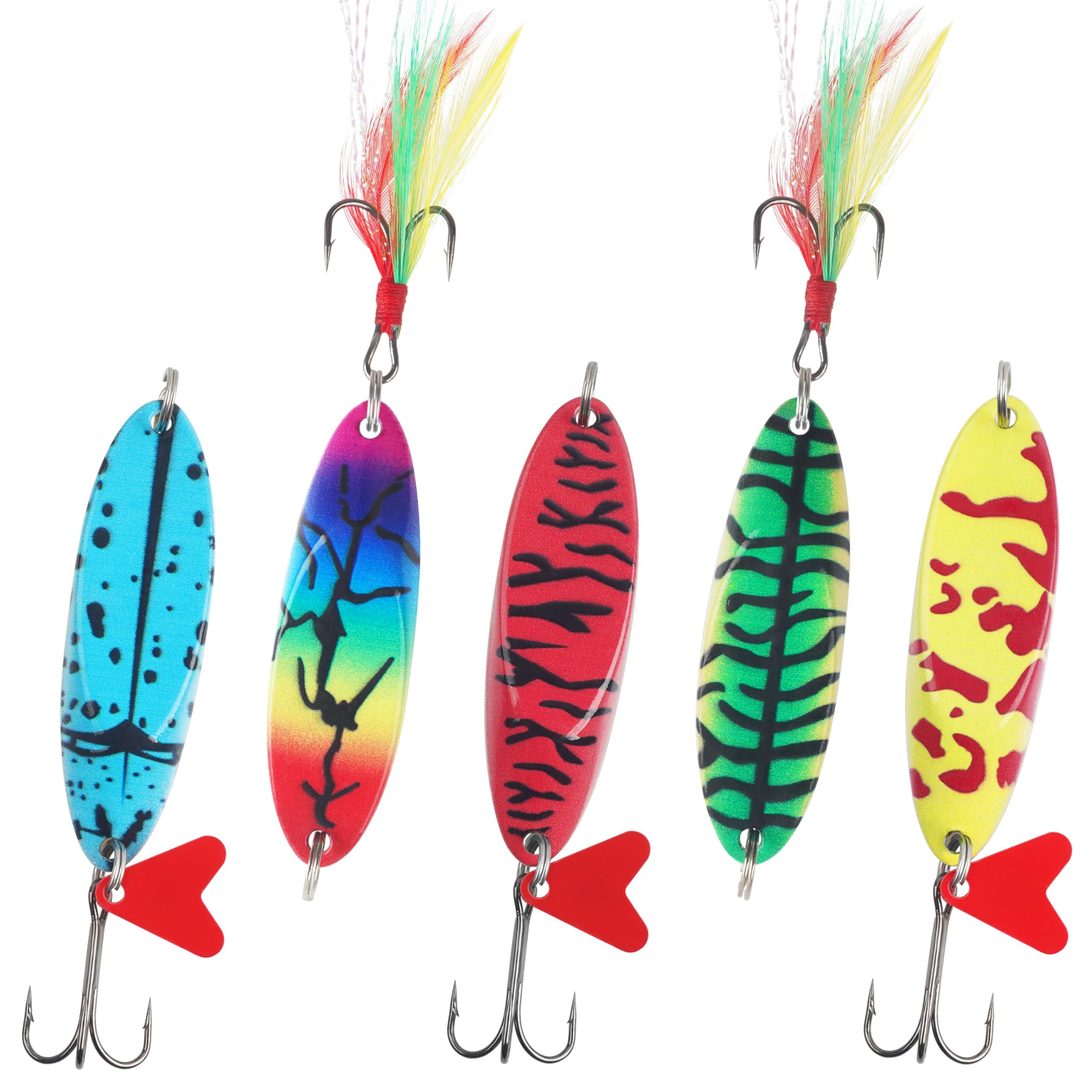 - Fishing Spoon Lures Casting Lures Kit 5PCS Colorful Spinner Bait Hooks Jigs Lure with Sharp Treble Hooks for Trout Bass Pike Sunfish with Tackle Box