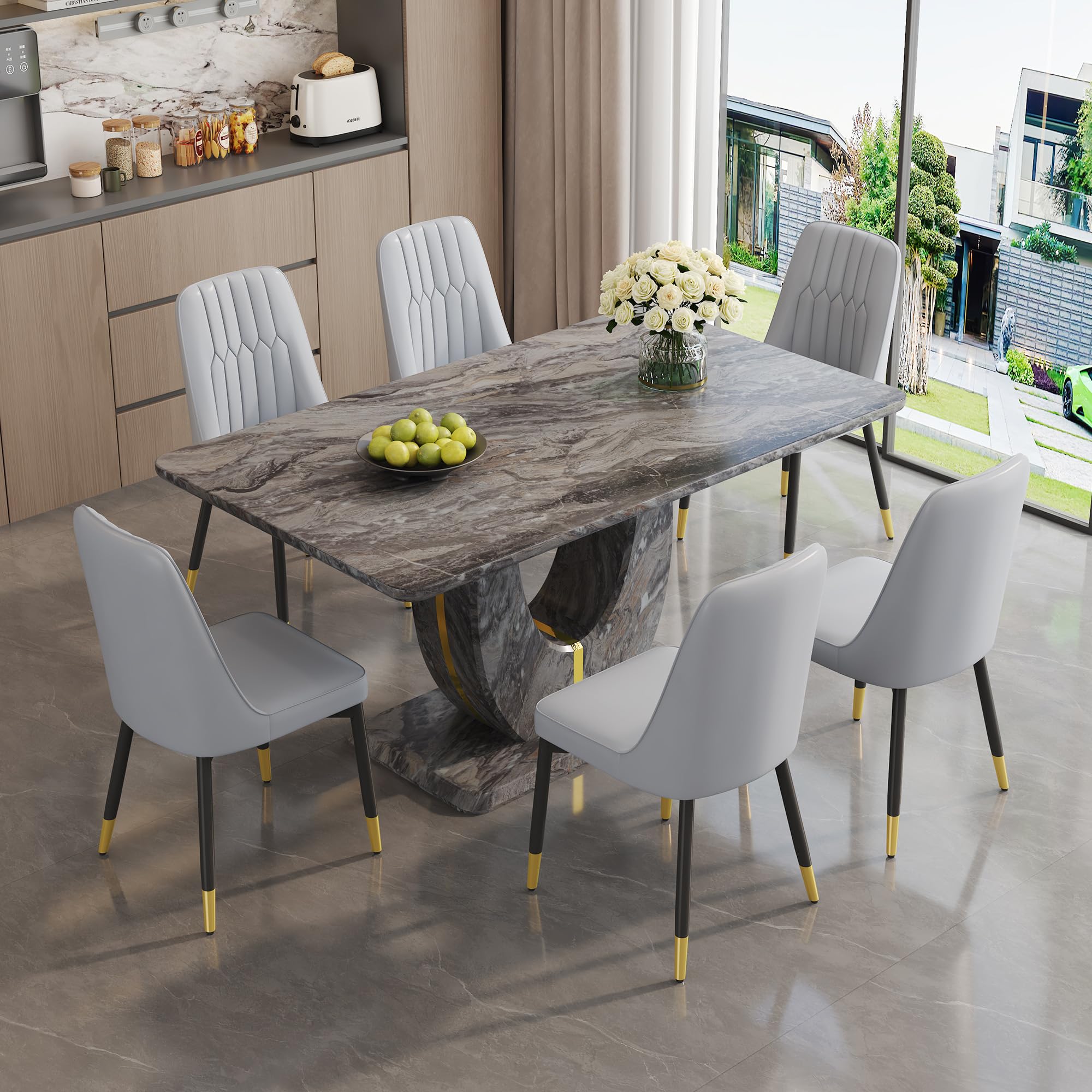 JUFU Dining Table Set for 6 with Chairs PU Upholstered, 63'' Gray Faux Marble Dining Room Table and Chairs, Modern Dining Room Sets for 6, Rectangle