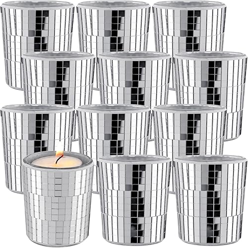 12 velas votivas de bola de discoteca plateadas, jarrón de bola de discoteca para centro de mesa, espejo de cristal, portavelas de bola de discoteca