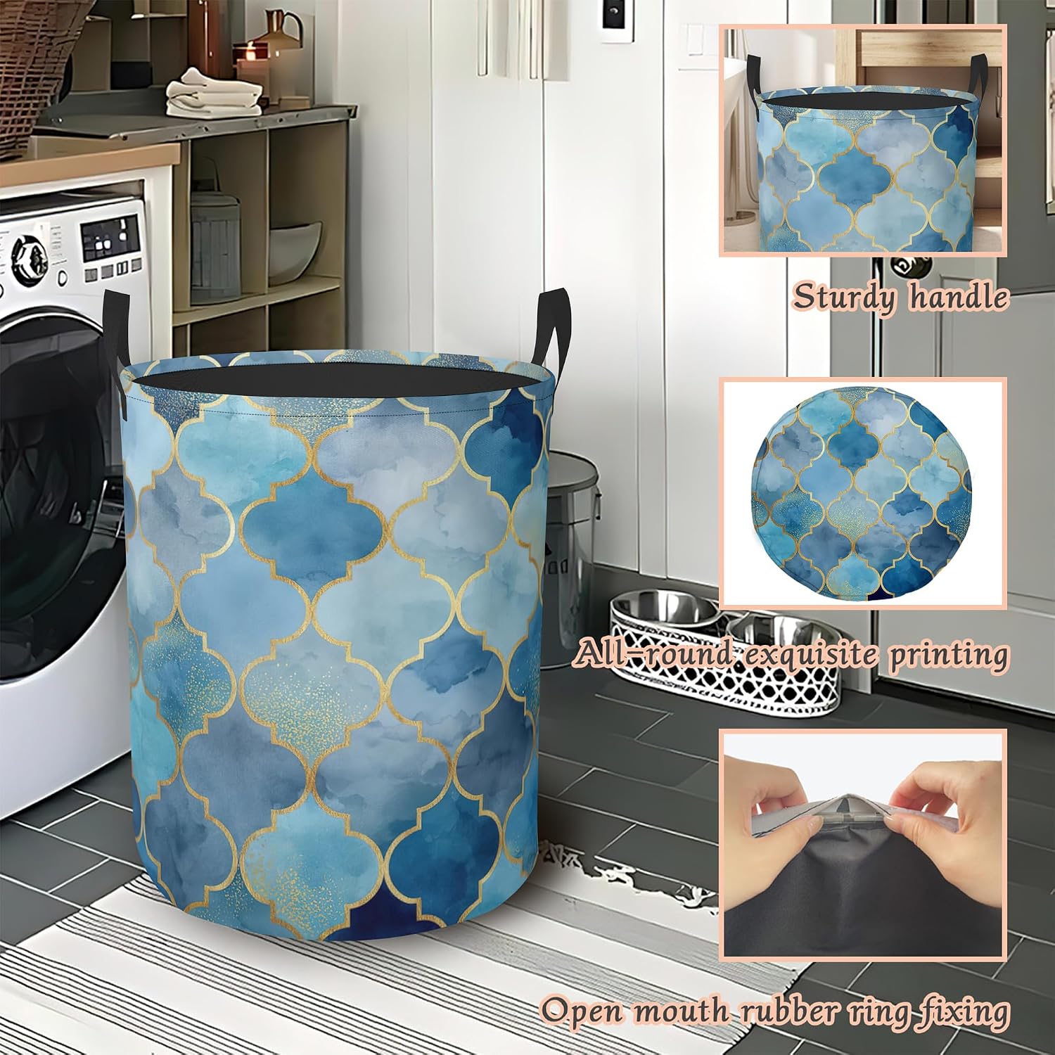Abstract Boho Laundry Hamper,Blue Collapsible Laundry Basket with Handles Waterproof Storage Bin for Clothes Books Organizer Basket for Bedroom Bathroom Dormitories 16" x 20.8"