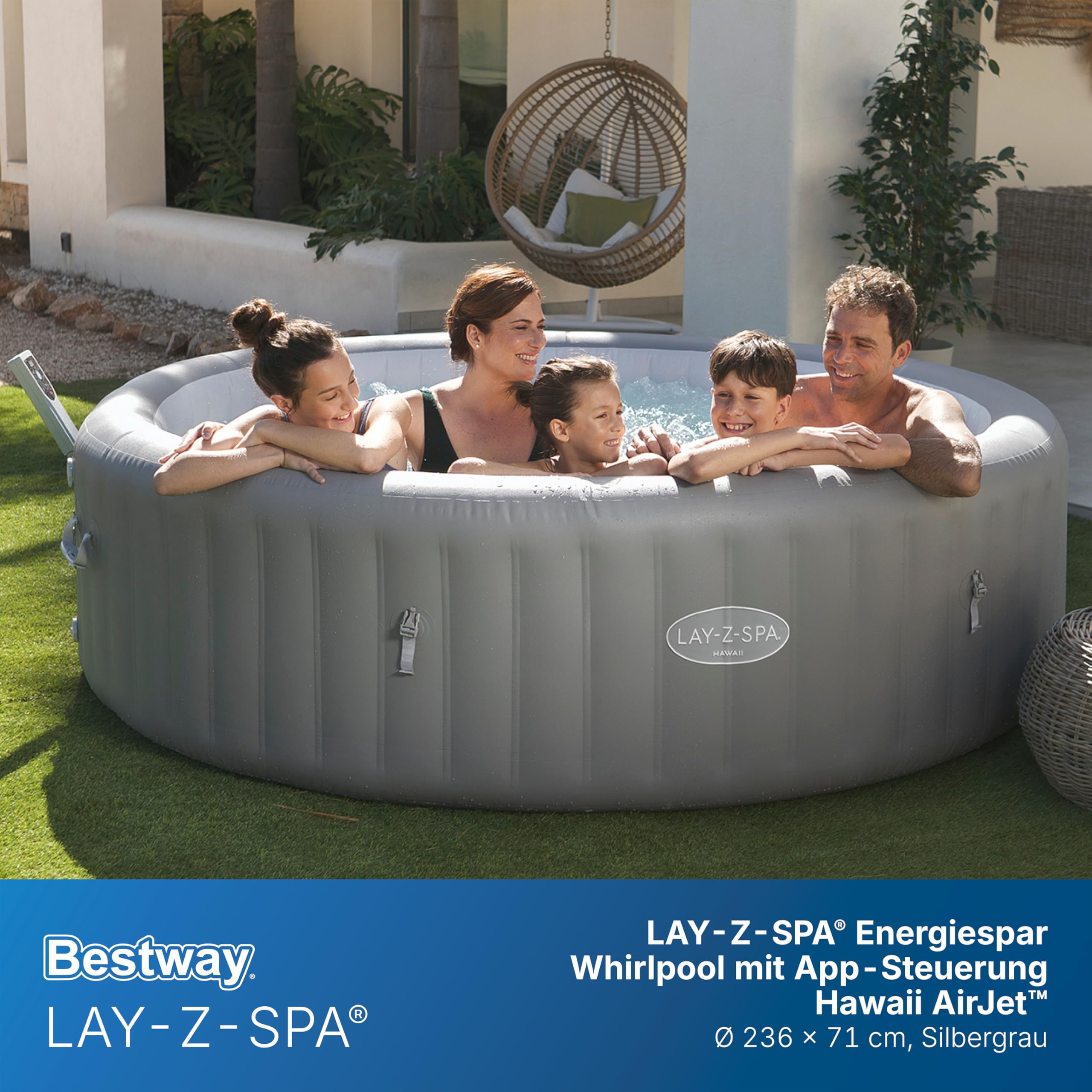 Bestway Lay-Z-Spa Hawaii AirJet Whirlpool Ø236 x 71 cm – Aufblasbarer Outdoor Jacuzzi für 8 Personen, 190 AirJet Düsen, EnergySense Dämmung, App-Steuerung, Heizung 40 °C, Frostwächter, TriTech PVC
