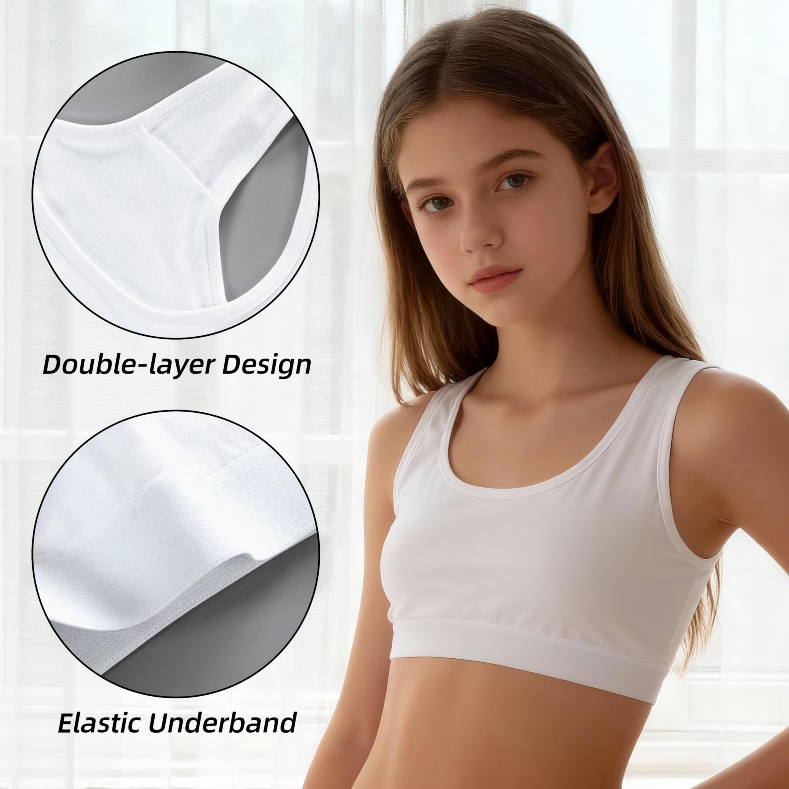 Pack de 4 Sujetadores Deportivos para Niñas, Bralette Suave de Algodón-Spandex Sin Aro, para Adolescentes de 8 a 14 Años