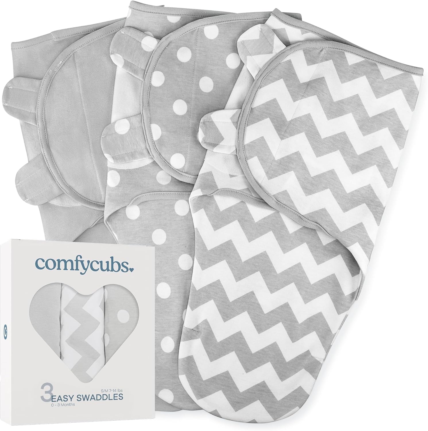 Comfy Cubs Easy Swaddle Blanket, 3 Pack - 100% Cotton Newborn Wrap, Small for 0-3 Months Infants, with Adjustable Velcro, Breathable and Durable Sleep Sack for Babies - Grey Grey Small (0-3 Months) - Image 1 of 7