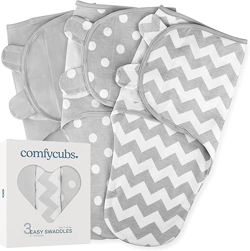 Comfy Cubs Easy Swaddle Blanket, 3 Pack - 100% Cotton Newborn Wrap, Small for 0-3 Months Infants, with Adjustable Velcro, Breathable and Durable Gris