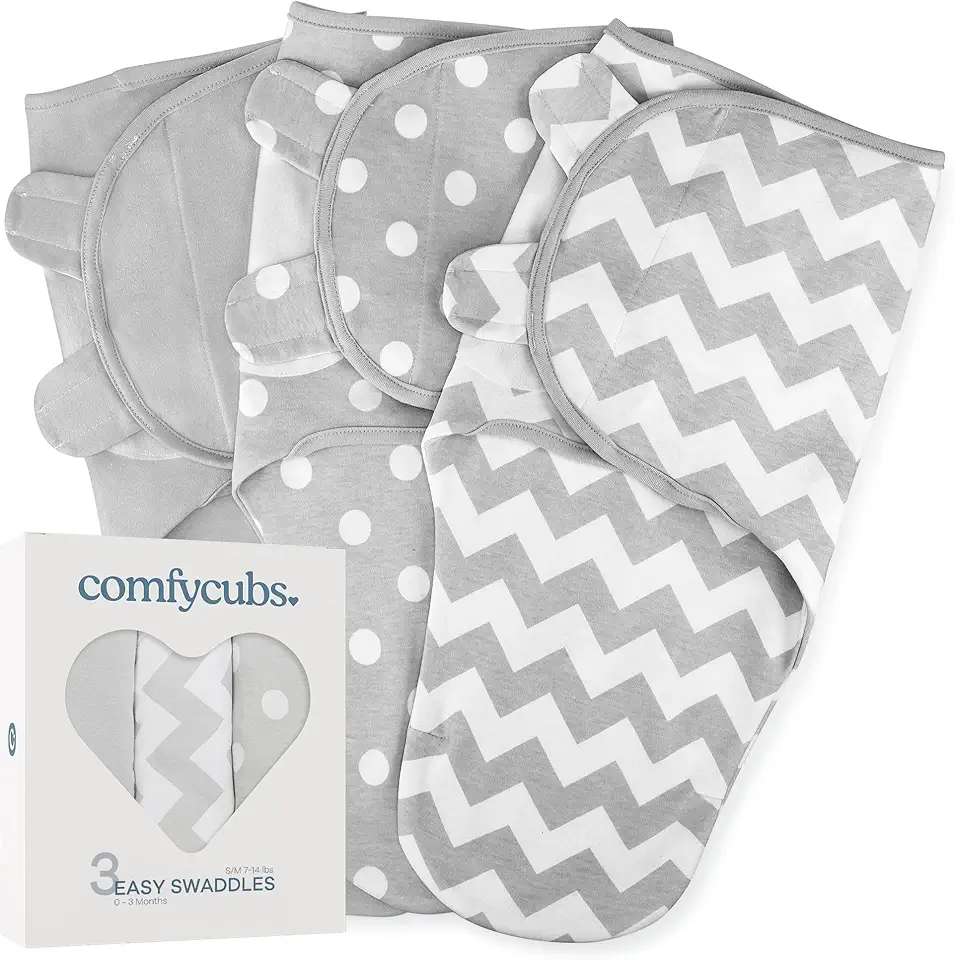 Comfy Cubs Cobertor Easy Swaddle, pacote com 3 - 100% algodão para recém-nascidos, pequeno para bebês de 0 a 3 meses, saco de dormir respirável e durável para bebês - cinza