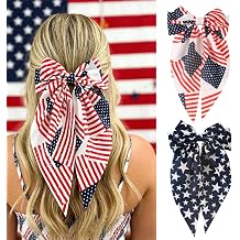 4th of July Hair Bow Clips 2PCS Independence Day Big Ribbon Bow Hair Clips American Flag White Stars Blue Bowknot Patriotic Design Hair Barrettes Oversized Long Tail Independence Day Hair Accessories