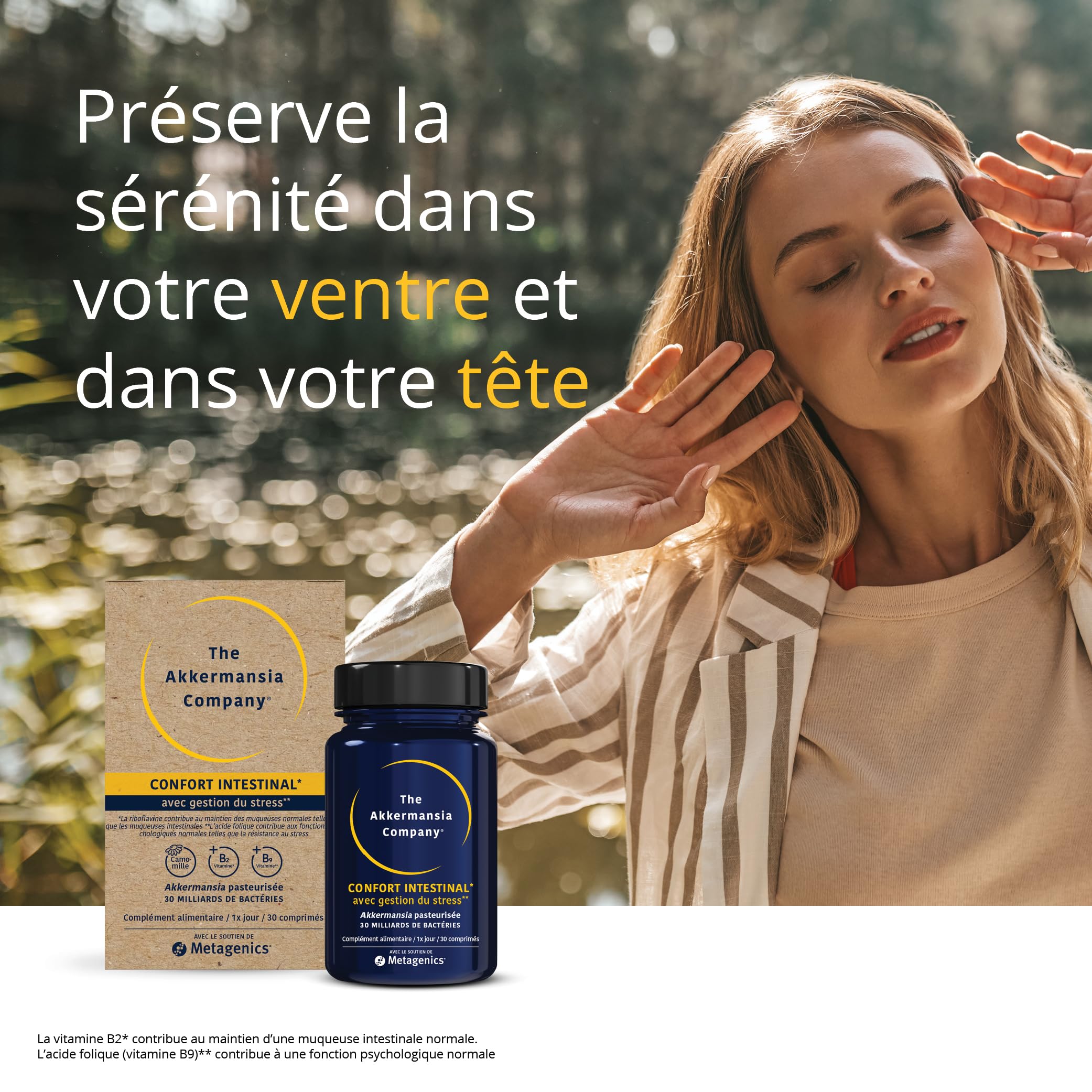 The Akkermansia Company Confort Intestinal - 30 Mds Probiotiques, Camomille, Vit. B2 & B9 - Santé Digestive, Stress & Muqueuses - 30 Comprimés Végans