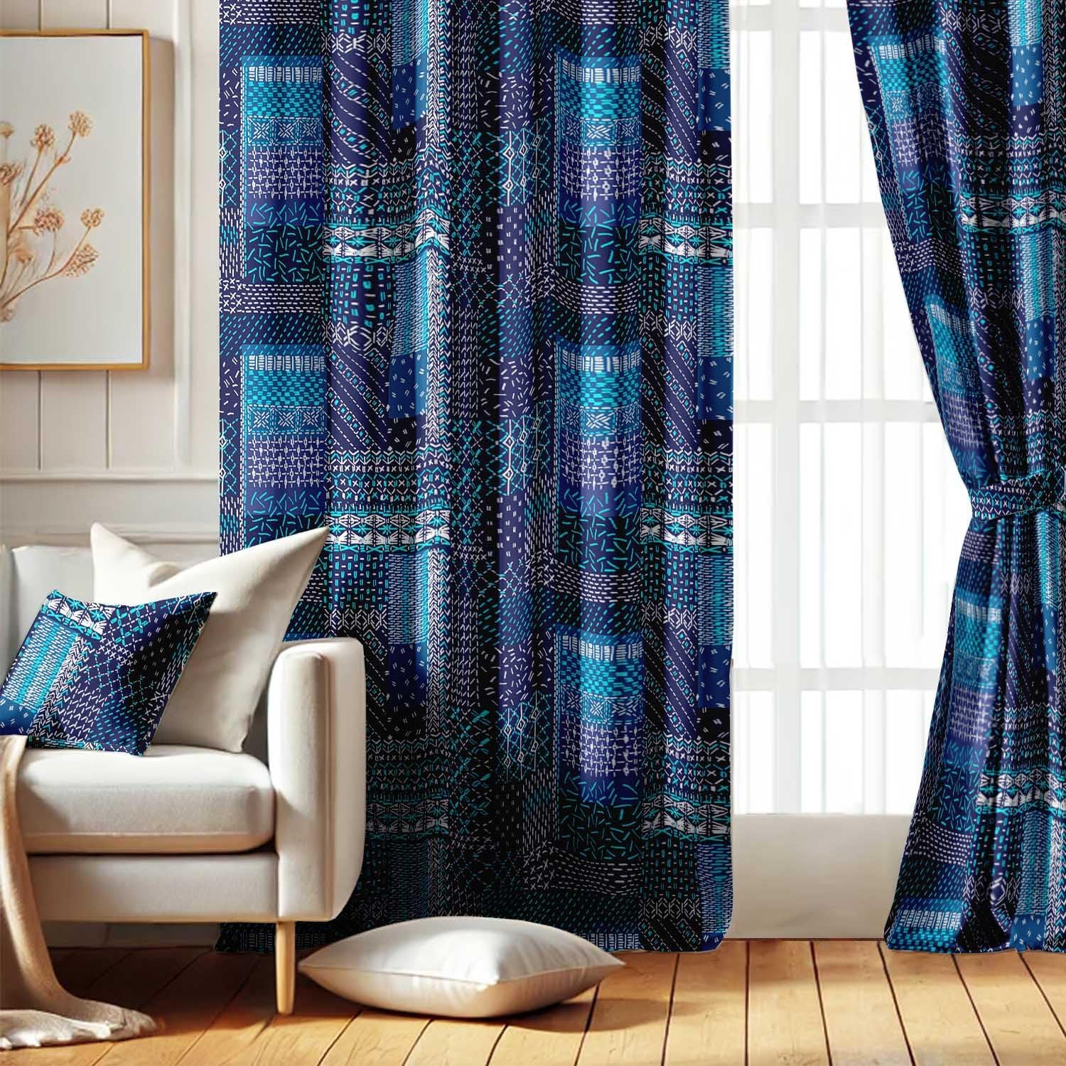 Geometric Patch Design Blackout Curtains - Set of 2 Panels, 42 x 63 Inches Each - Light Blocking & Thermal Insulated Drapes with Grommet Top for Bedroom & Living Room - Blue
