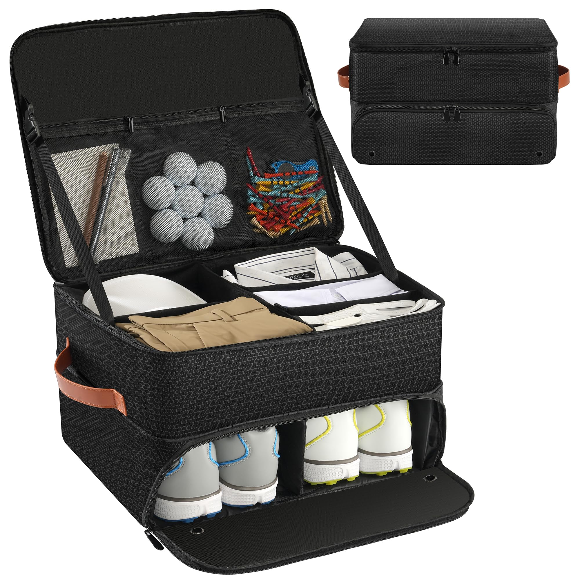 Uross Golf Trunk Organizer, 2 Layer Golf Storage Bag with Shoe Compartment