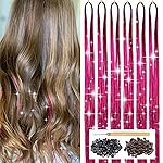 Rose Red Hair Tinsel Kit with Tool 6pcs 1200 Strands Tinsel Hair Extensions Heat Resistant Sparkling Shiny Glitter Fairy Hair for Women Girls Kids 47Inch