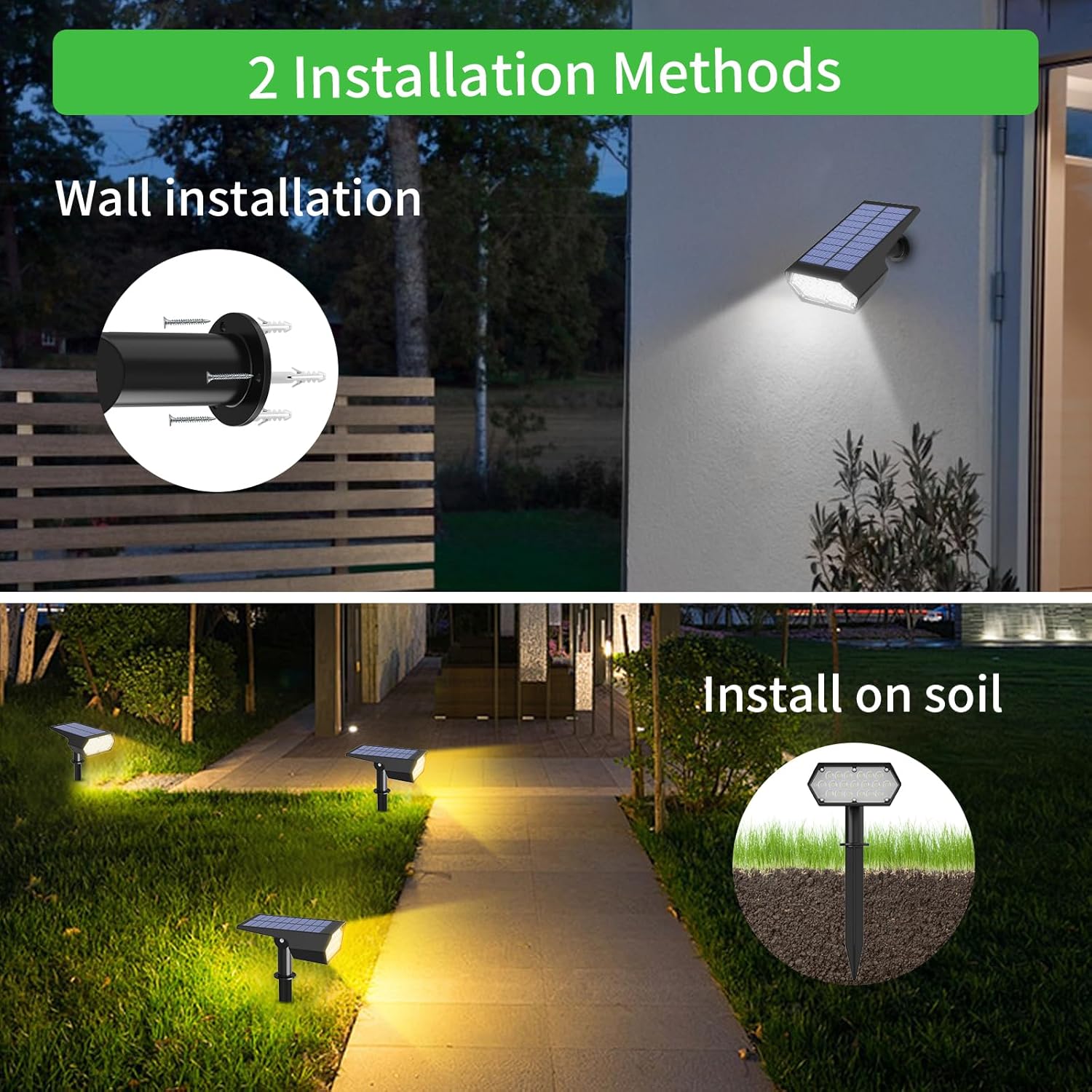 I-SHUNFA Solar Spot Lights Outdoor 2Pack,4 Lighting Modes,Cool White and Warm White 2 Colors Adjustable Solar Light,Auto On/Off Solar Powered Landscape Light for Yard Wall Pathway