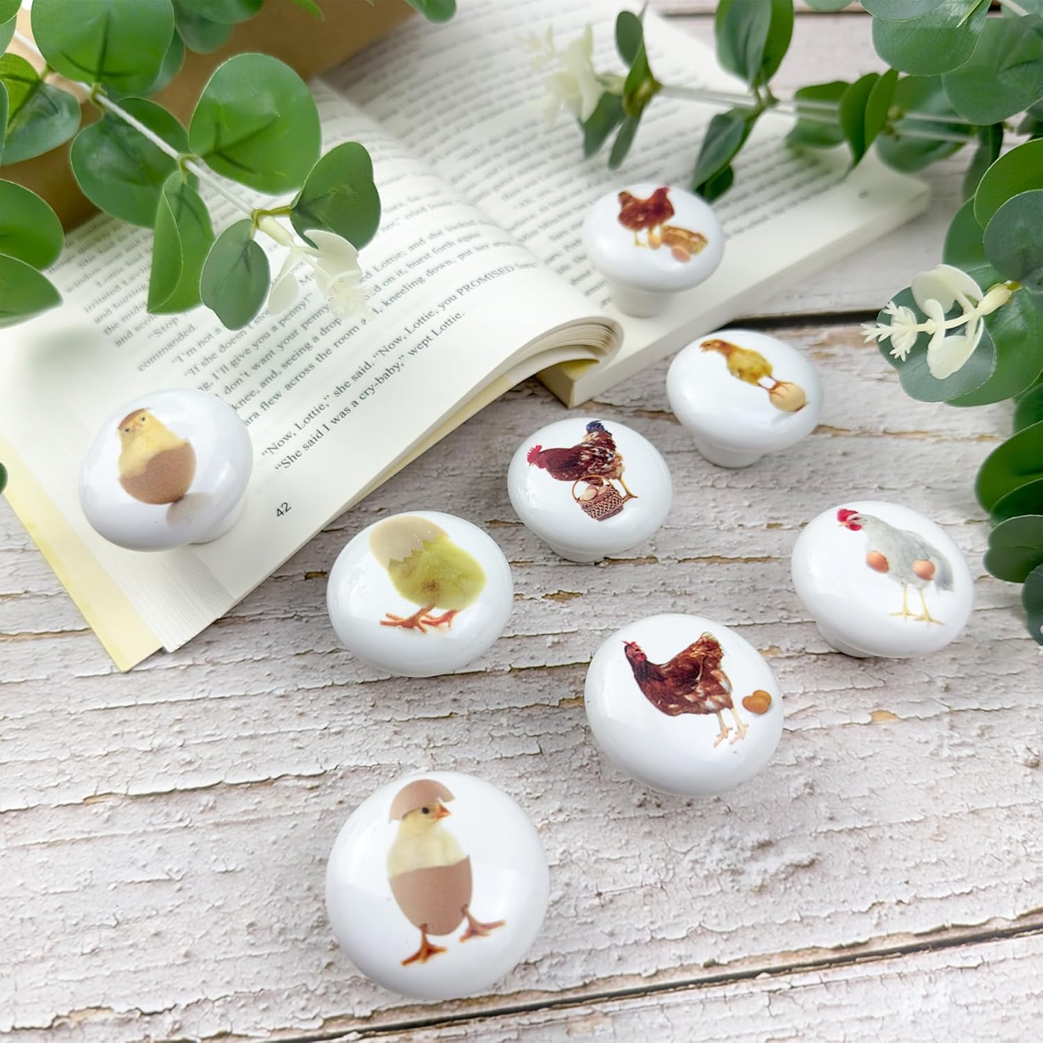 8Pack1.5 Ceramic Cute Chicken and Rooster Knob Rustic Decorative Farmhouse Kitchen Cabinet Dresse Drawer Knobs and Pulls