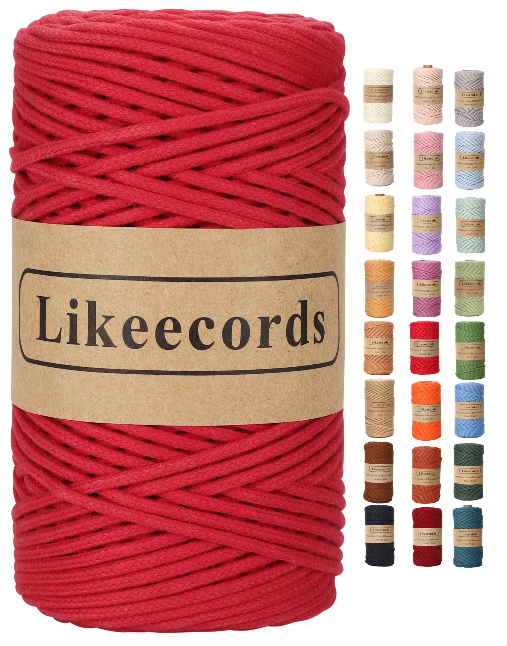 Braided Cotton Cord 3mm×109 Yards Natural Macrame Cotton Cord Bohemia Macrame Rope for Handmade Plant Hangers Wall (Red)