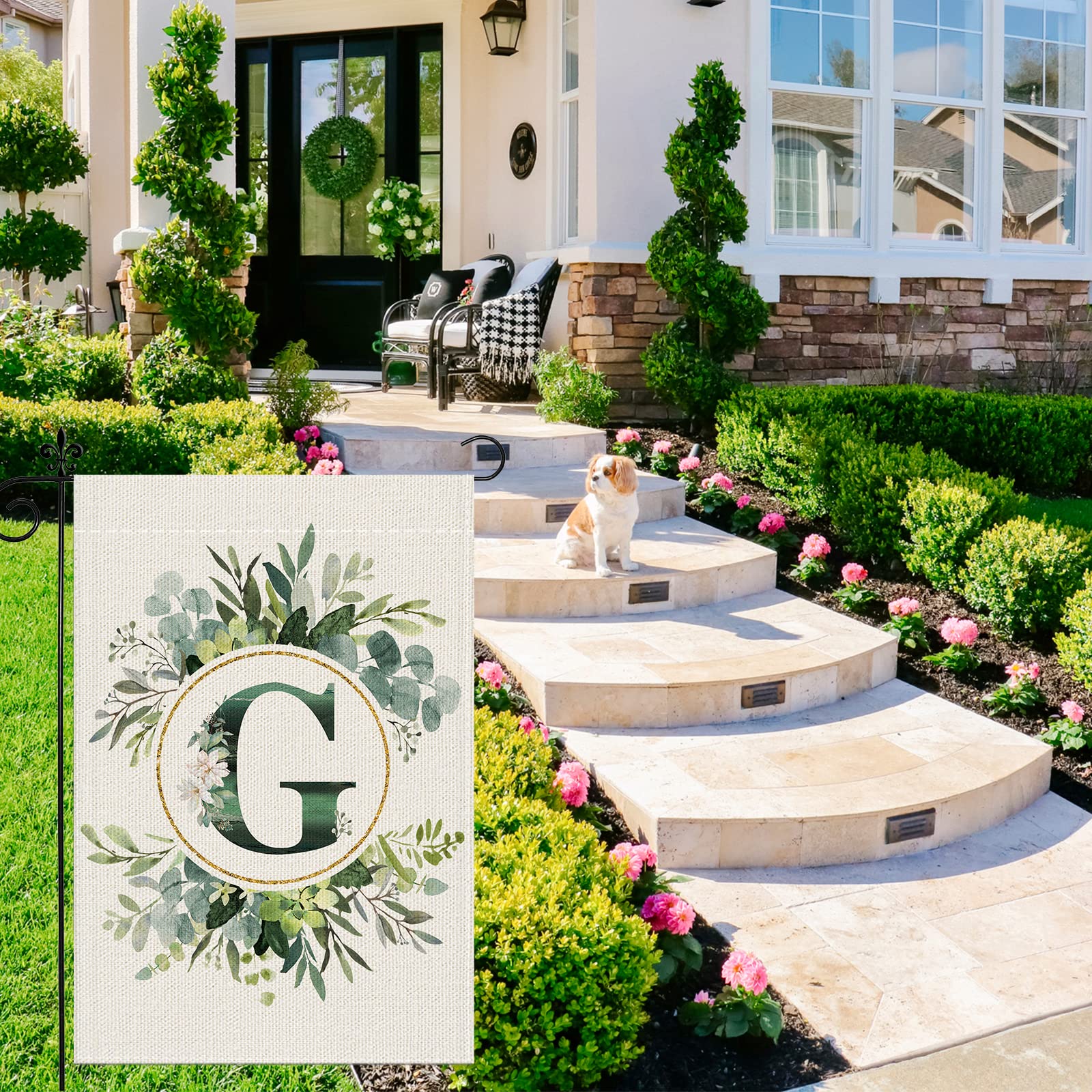 Gartenflagge Mit Monogramm-Buchstabe & Blumenmuster – Doppelseitig, Wetterfest (30,5 X 45,7 Cm, Z.B. Buchstabe G)