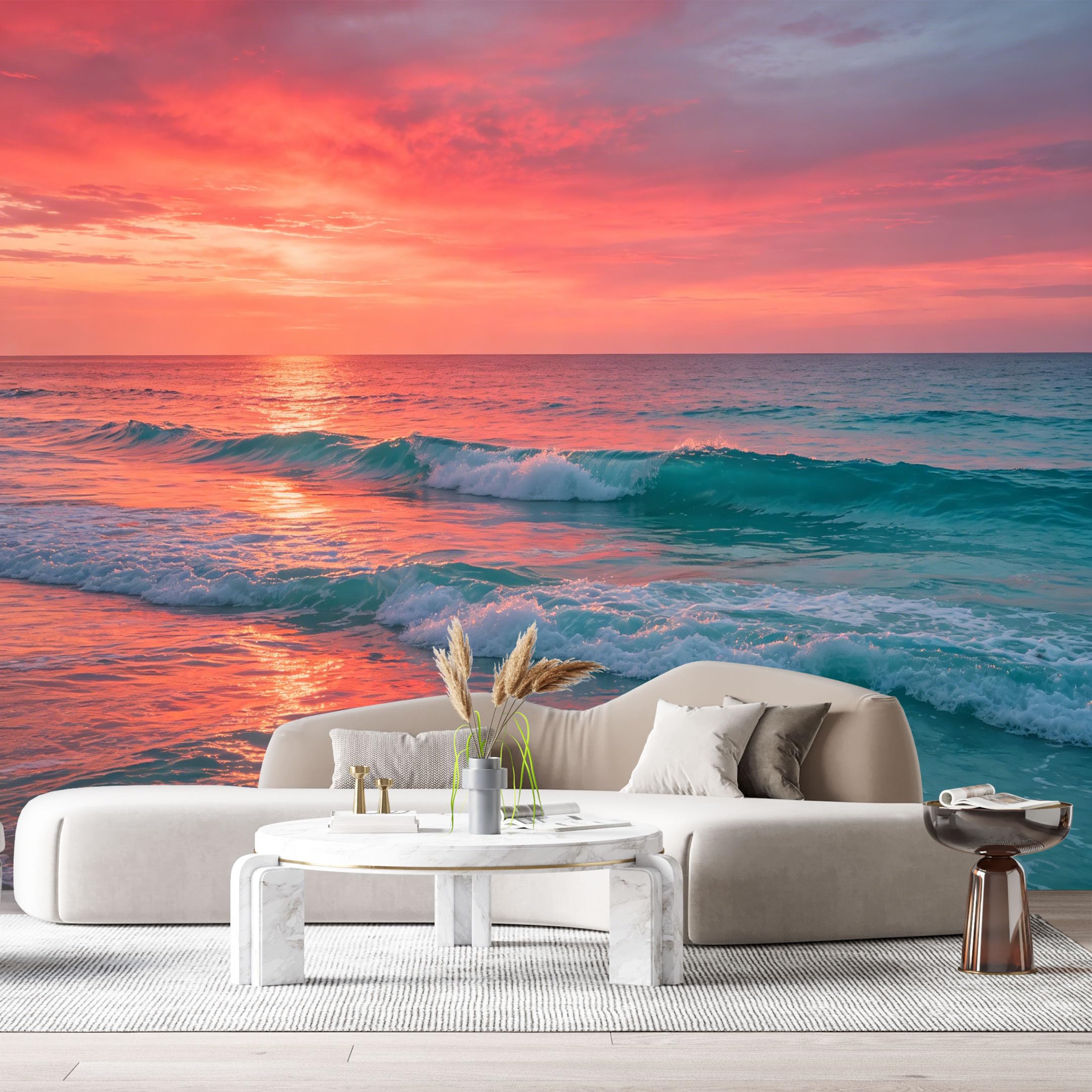 Custom Size Wall Murals Coastal Ocean Marine Sunset Waves Tropical Water Color SelfAdhesive Wall Fabric Removable Large Wallpaper for Photo Living Room
