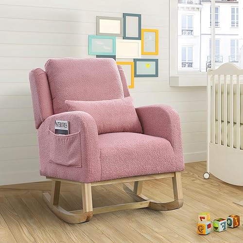 Mecedora para guardería, mecedora tapizada con respaldo alado, mecedora con respaldo alto cómodo, reposabrazos curvado, almohada lumbar para sala de