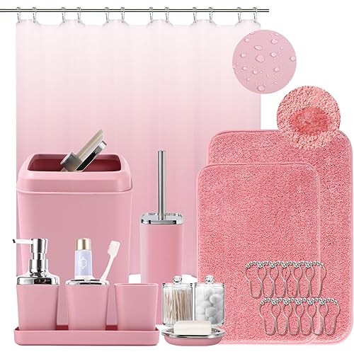 Bathroom Accessory Set–Bathroom Sets with Shower Curtain and Rugs, Non Slip Bathroom Rugs Super Absorbent, Pink Ombre Waterproof Shower Curtain with Hooks, Pink Bathroom Sets Complete for Home