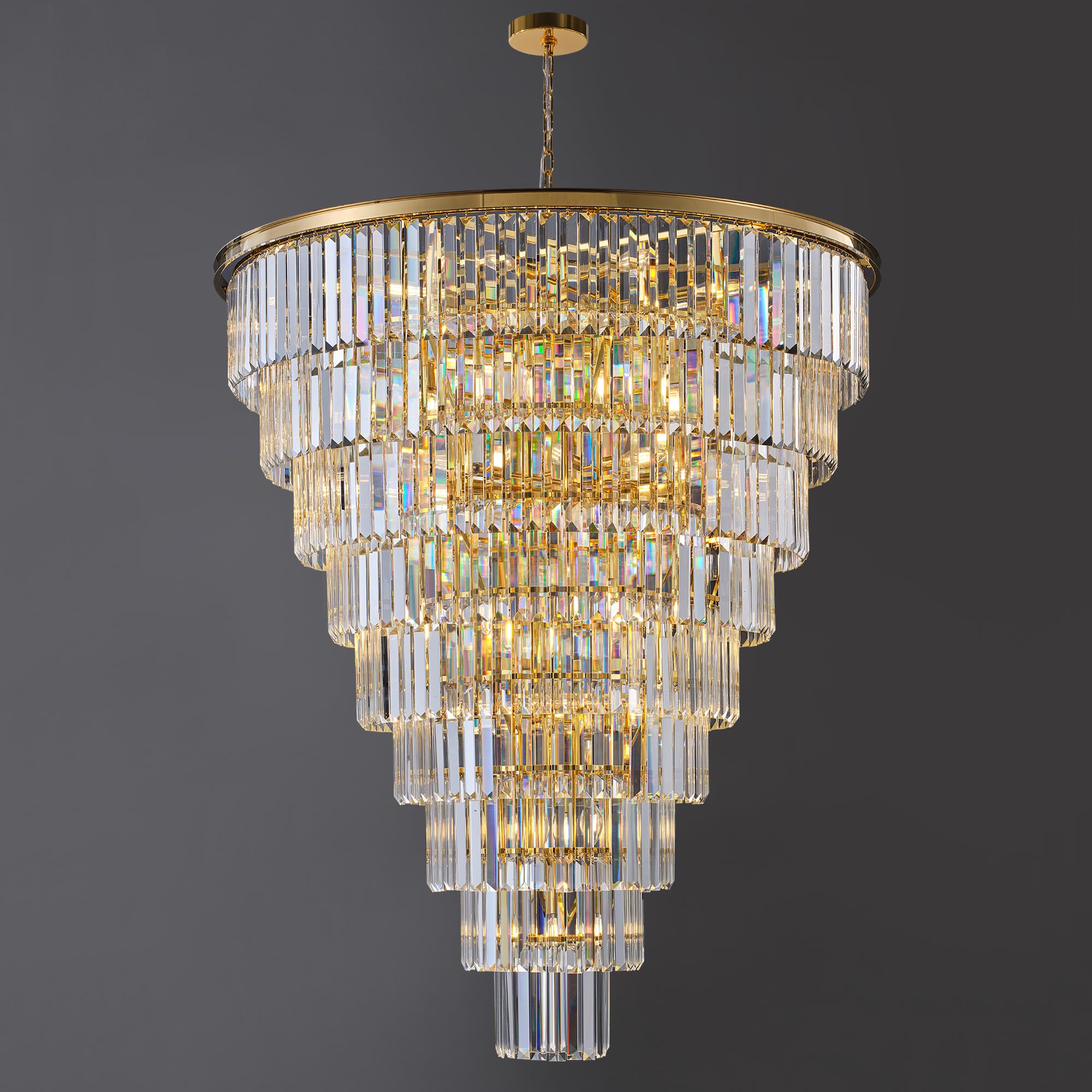 48 Inch Gold Tiered Crystal Tube Chandelier, 45 Light E12 Pendant with 580 Crystal Rods, Mirror Polished Metal Frame, Adjustable 79" Chain, LED Bulbs Included (INCOMPLETE ONLY BOX B) 