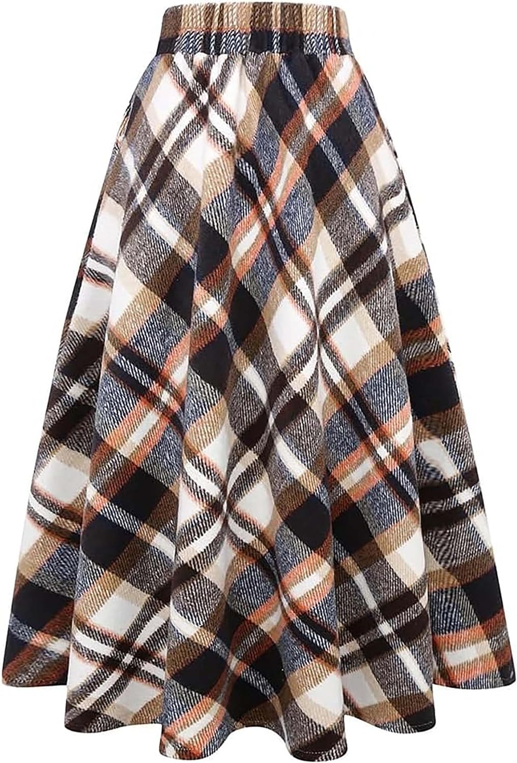 Women's Long Plaid Wool Skirt Fall High Elastic Waist Pleated Flared A-line Wool Winter Skirts - Image 3