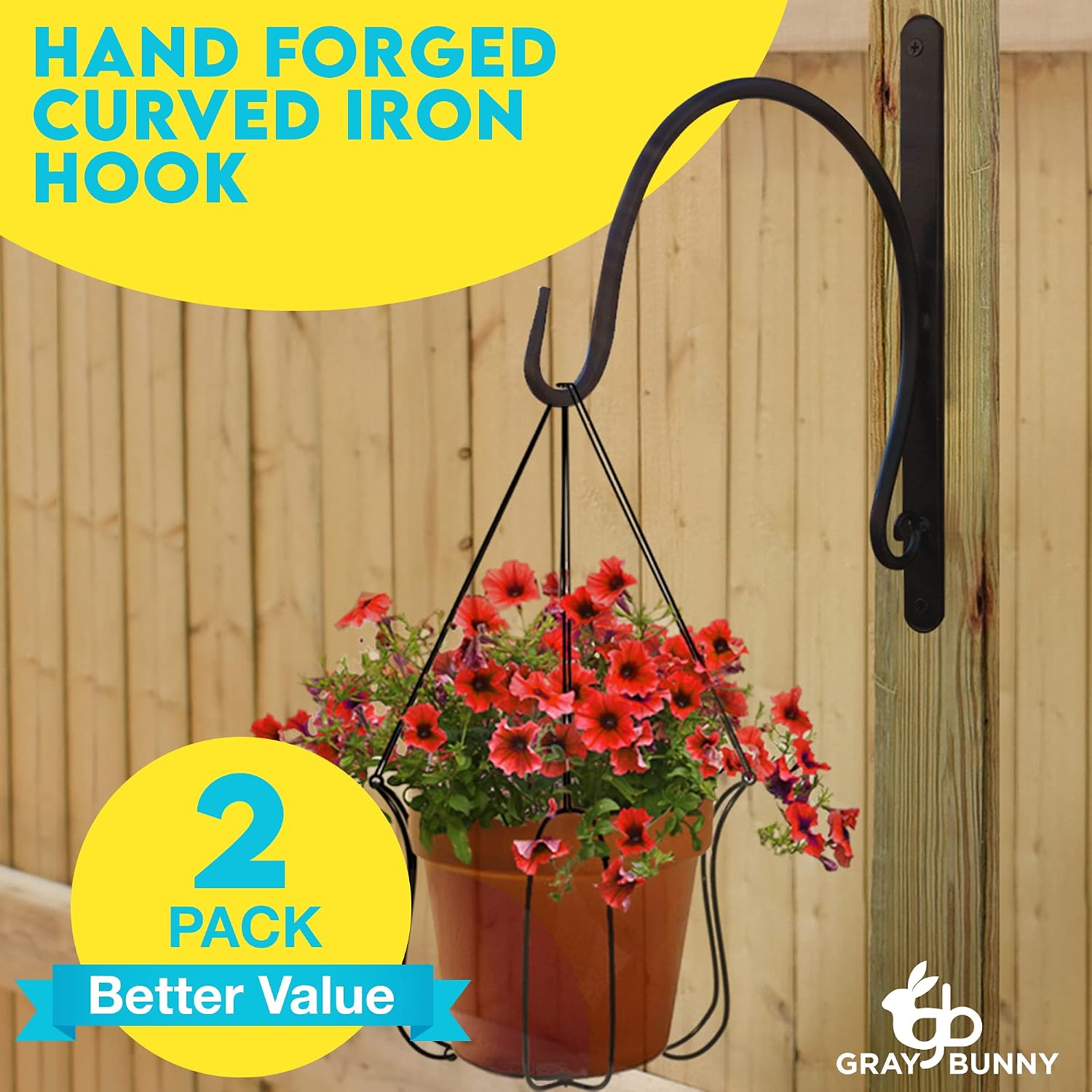 Gray Bunny 2 Pack Outdoor Plant Hanger Hook, 10” Hand Forged Curved Iron Wall Hooks for Bird Feeders, Lanterns, Wind Chimes, Patio Decor - Black