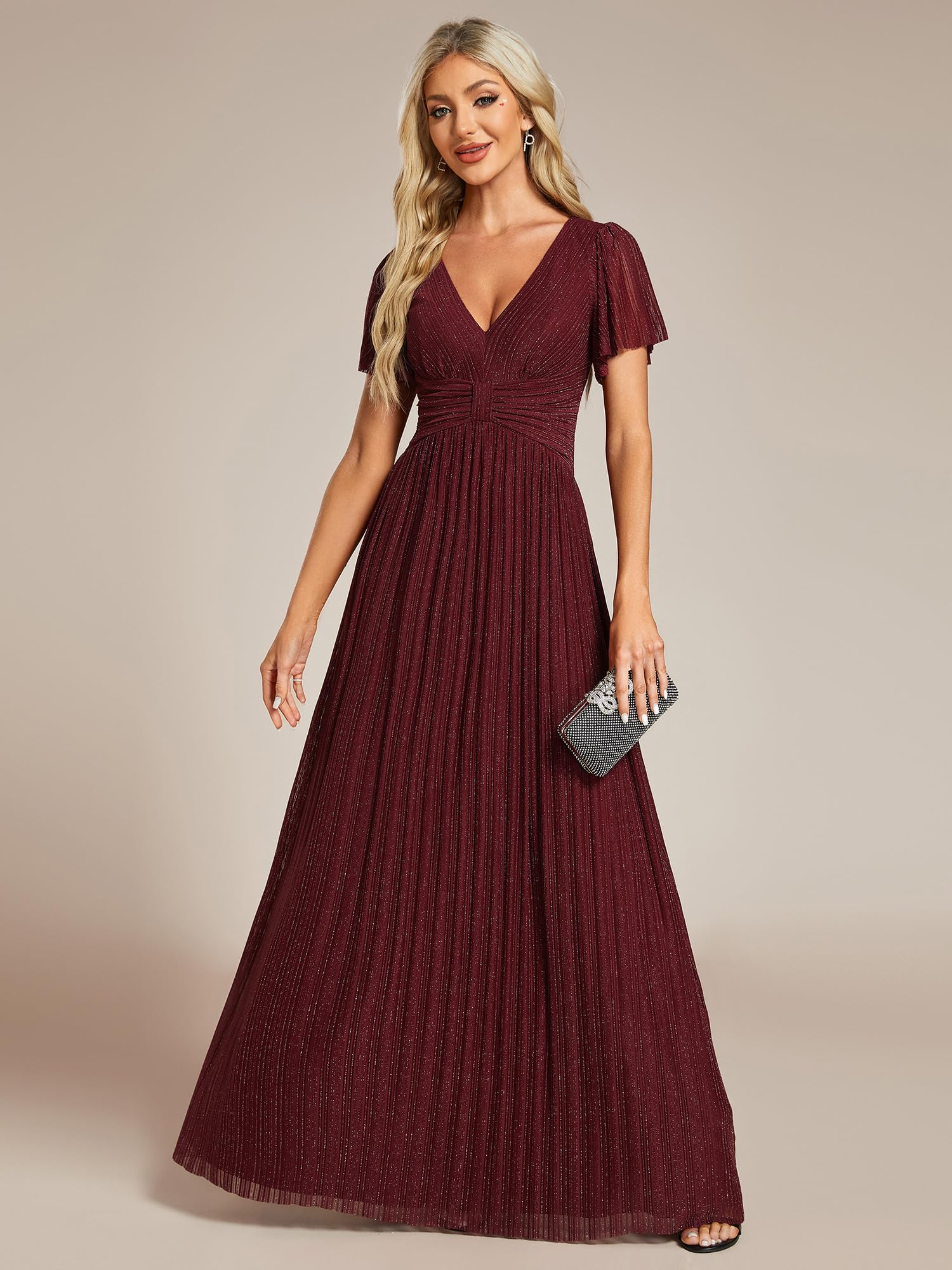 Ever-Pretty Kleid Elegant Damen Festlich Lang Ballkleid Maxi Hell Abendkleider Elegant für Hochzeit A Line Kurze Ärmel EE11961
