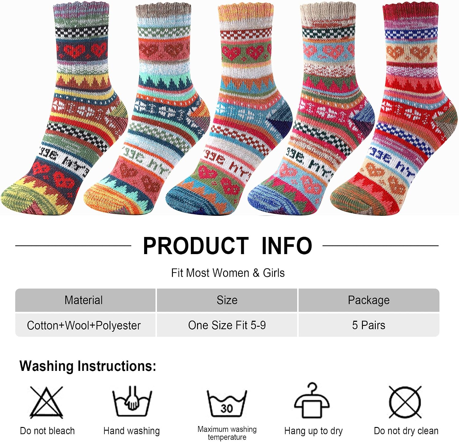 ICEIVY Womens Socks 5 Pack Vintage Wool Soft Cozy Crew Cabin Thick Winter Warm Socks Gifts for Women