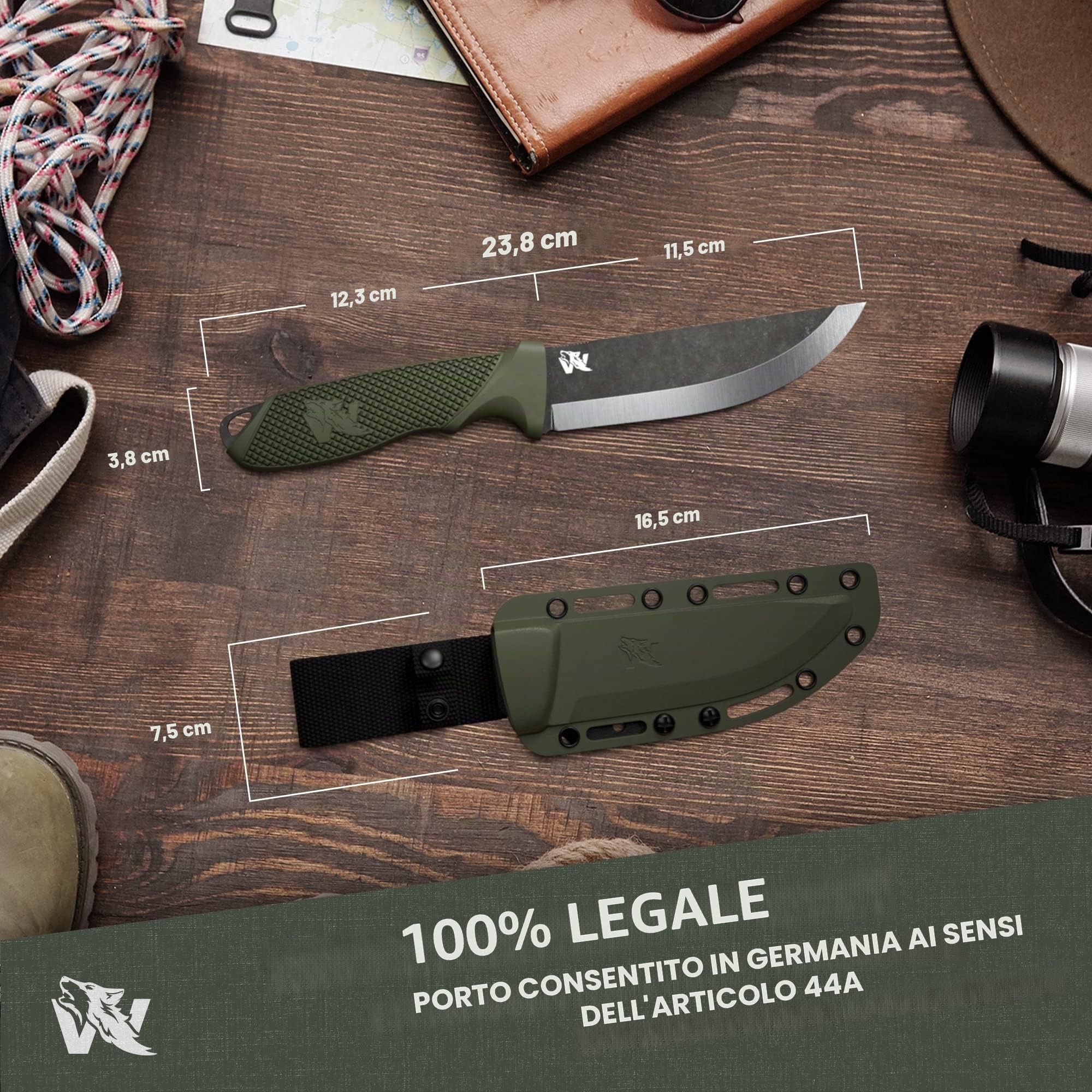 Wolfgang's W-SCANDI Angelmesser mit feststehender Klinge - Inkl. Scheide - Premium Survival- und Bushcraft-Messer aus D2-Stahl
