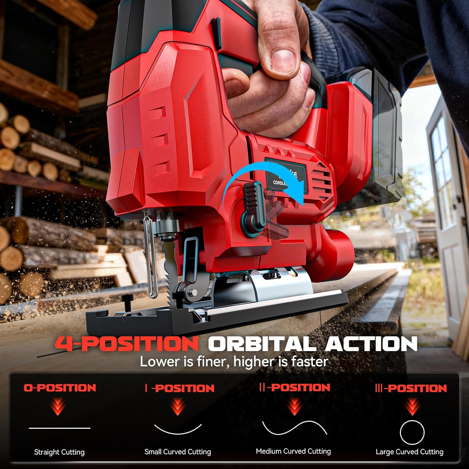 Ecarke Cordless Jig Saw Compatible With Milwaukee 18V Battery, 4 Orbital Sets, 6 Variable Speeds Control, Dust-Blowing, ±45° Bevel Cuts, LED Light and 6PCS Blades For Cutting(Only Tool)