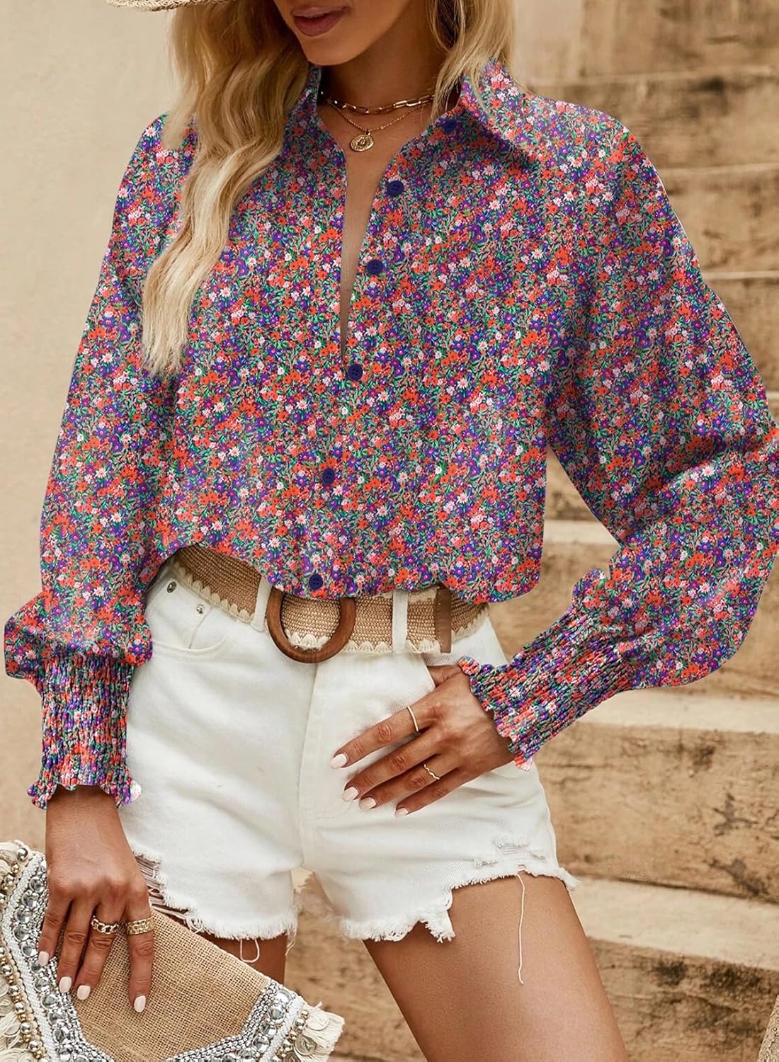 Dokotoo Women's Casual V Neck Allover Floral Print Long Sleeve Chiffon Button Down Blouses Bohemian Top Shirts - Image 4